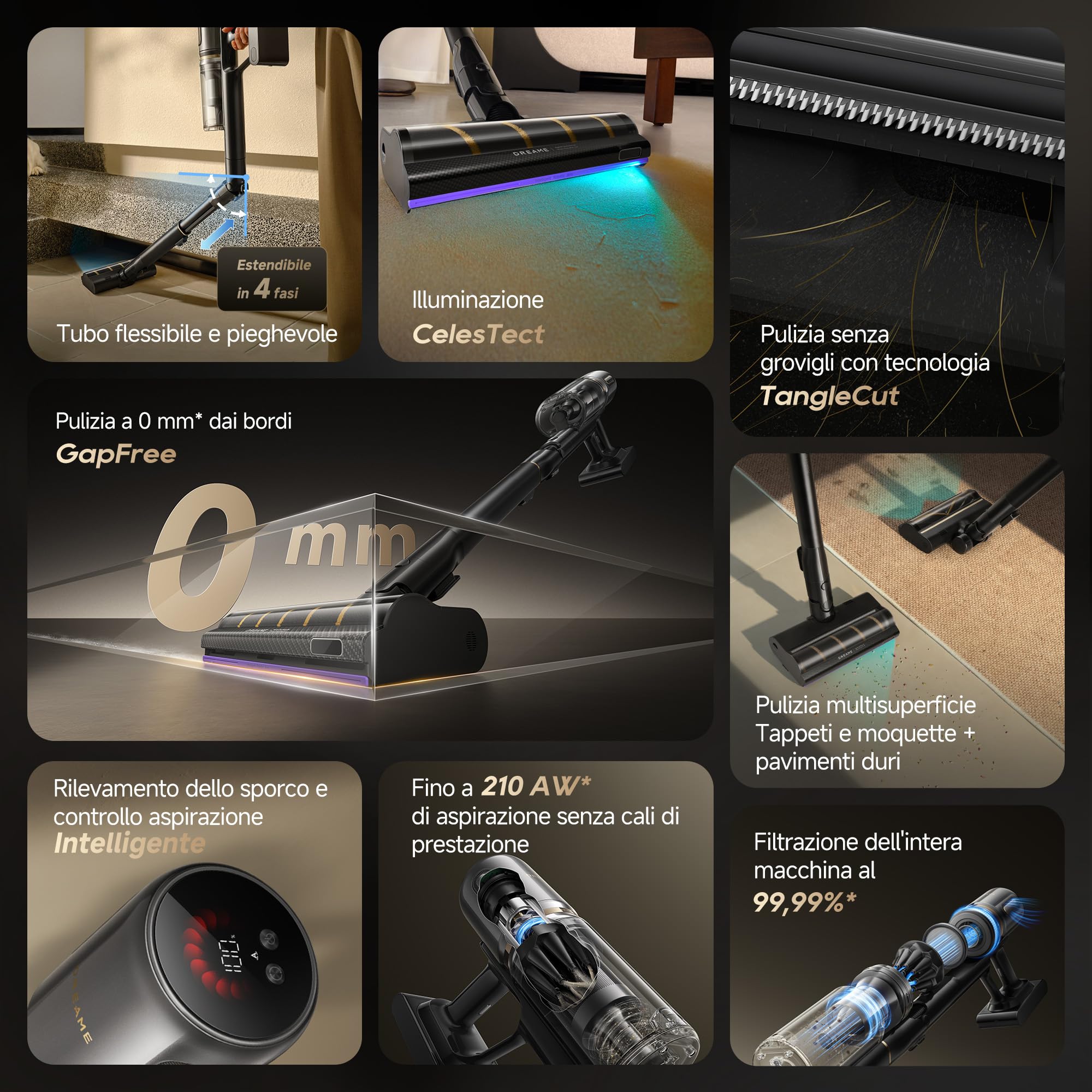 DREAME V20 Pro-A Aspirapolvere Senza Fili, 0 mm dai Bordi, Anti-groviglio, Pulizia Pavimenti duri e Tappeti e Moquette, Aspirazione 24,000PA/210 AW, Autonomia Massima 90 min, Filtrazione 99,99%