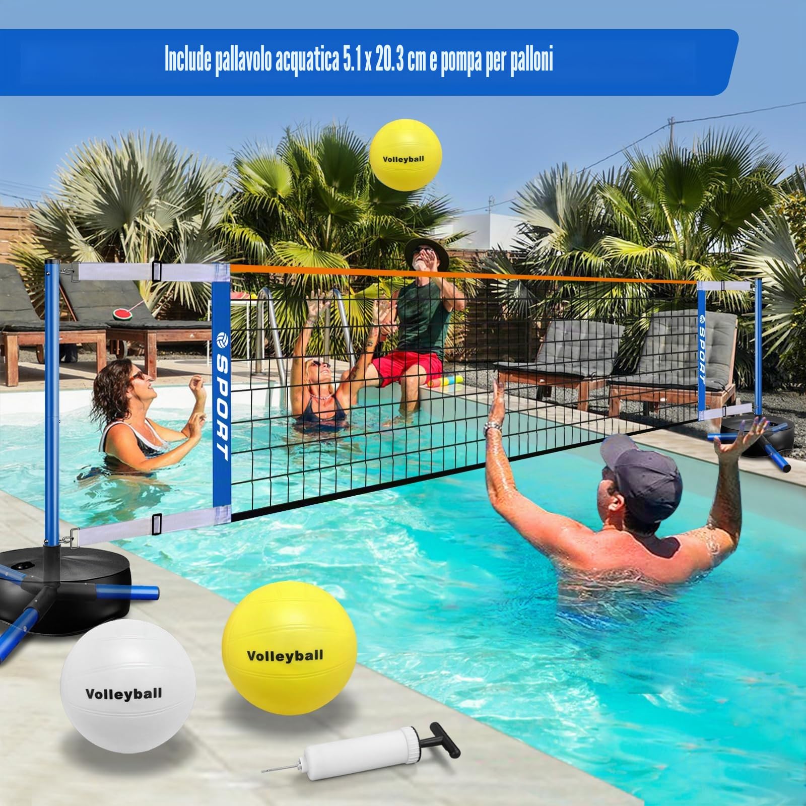 Rete da pallavolo da piscina, portatile, per interni ed esterni, con 2 palloni da pallavolo e base resistente. Lunghezza regolabile 4,5 – 7,6 m, per pickleball e rete da tennis