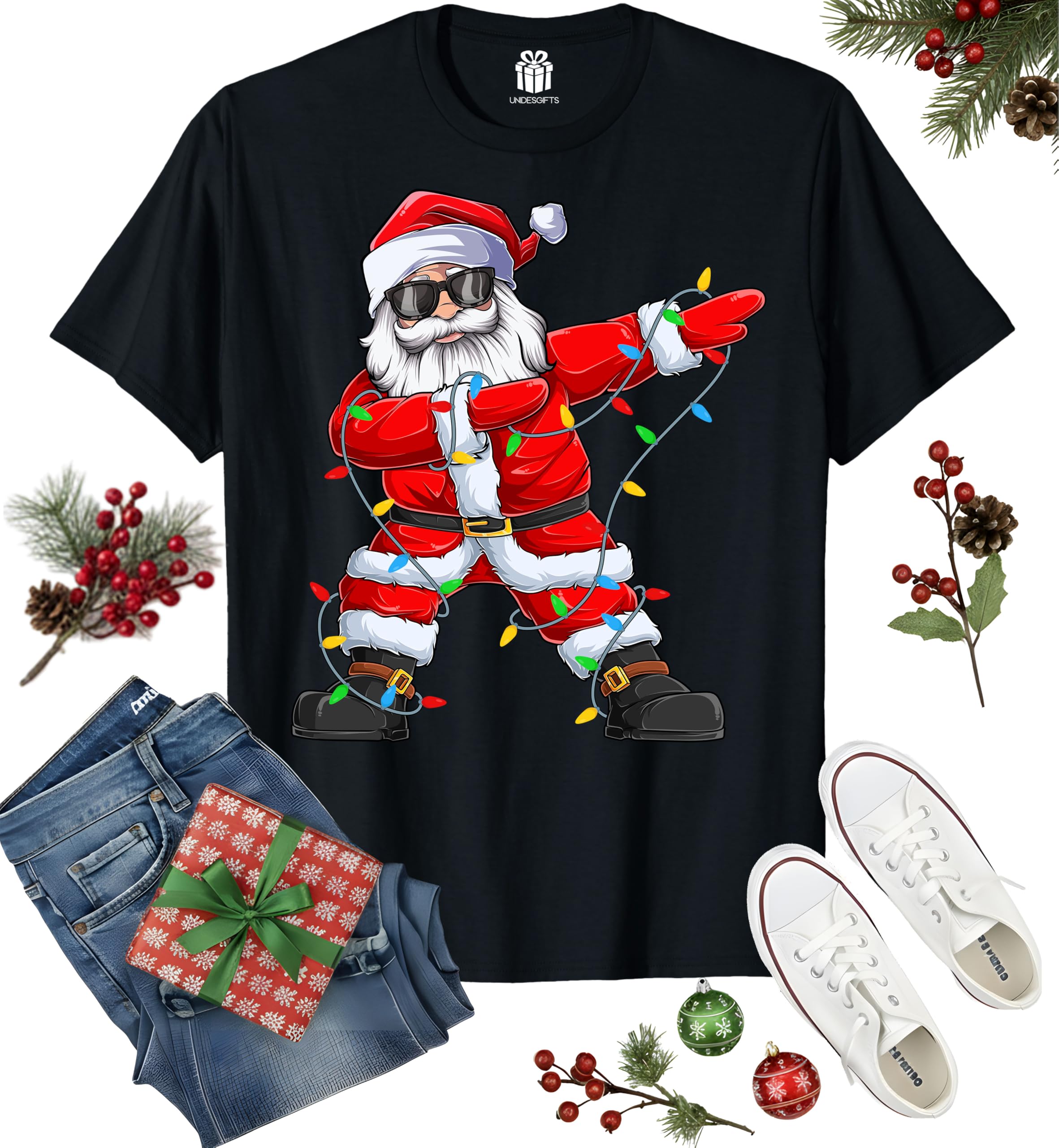 Dabbing Santa Christmas Red Lights T-Shirt for Men, Boys, Girls and Kids, Funny Dad Boyfriend Son