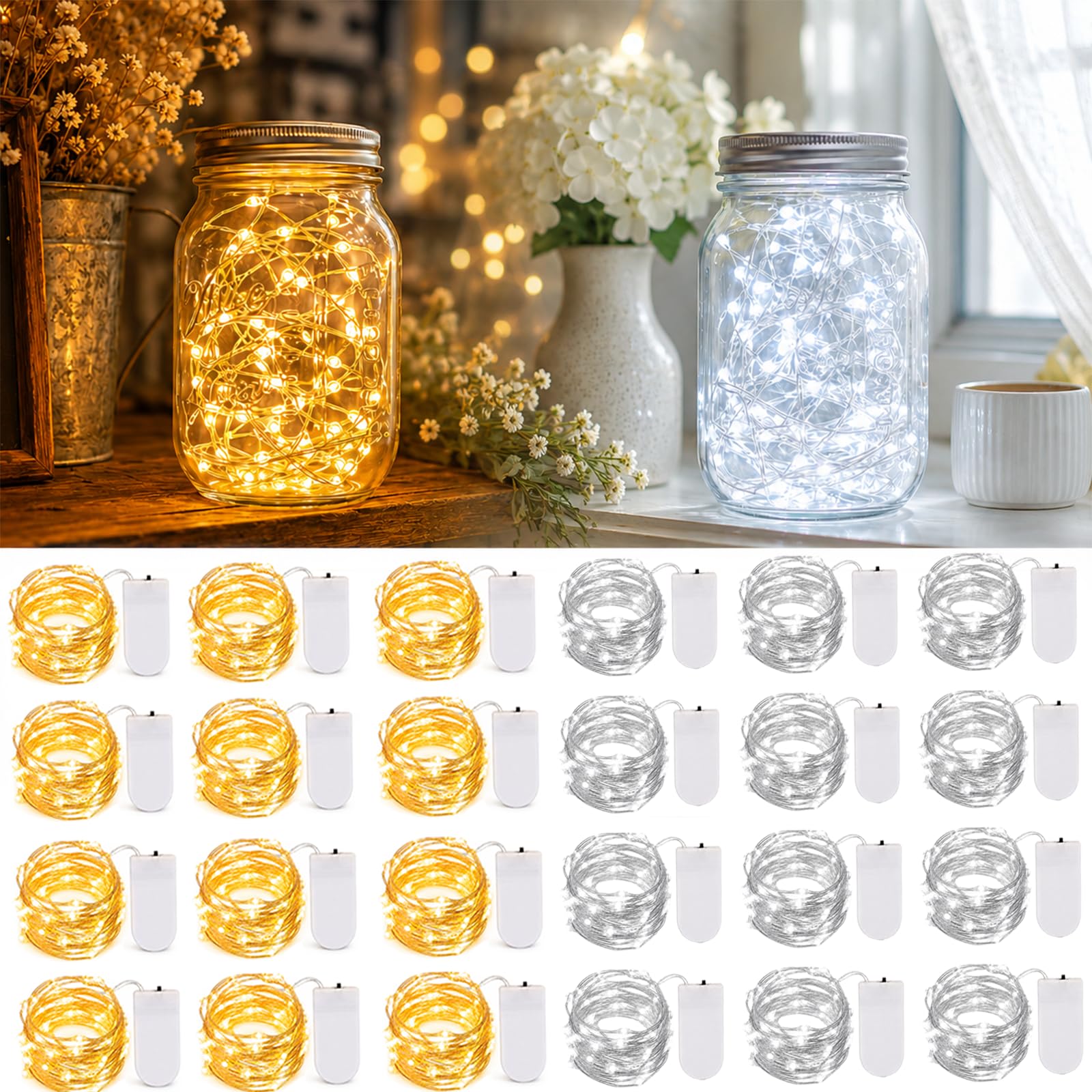 Confezione da 24 lucine a batteria, 20 LED, impermeabili, con filo argentato, ideali per matrimoni, Natale, feste, camera da letto, interni ed esterni (calde e bianche)