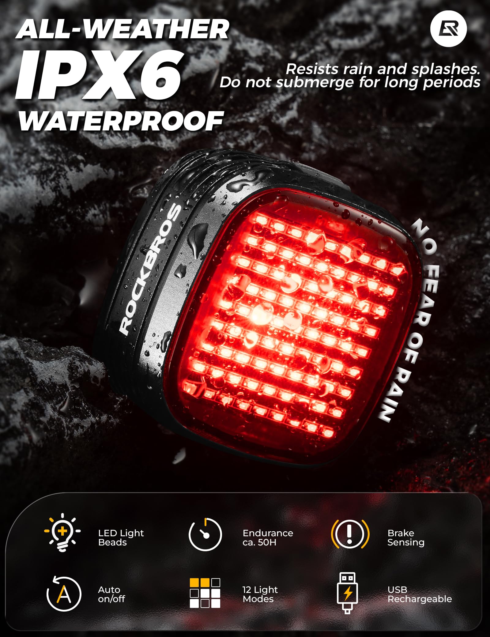 ROCKBROS Feu Arrière de Vélo avec Détection de Freinage, Lampe Arrière Rechargeable USB Étanche IPX6, Autonomie Longue Durée, 12 Modes Clignotants, Accessoire de Sécurité pour Cyclisme