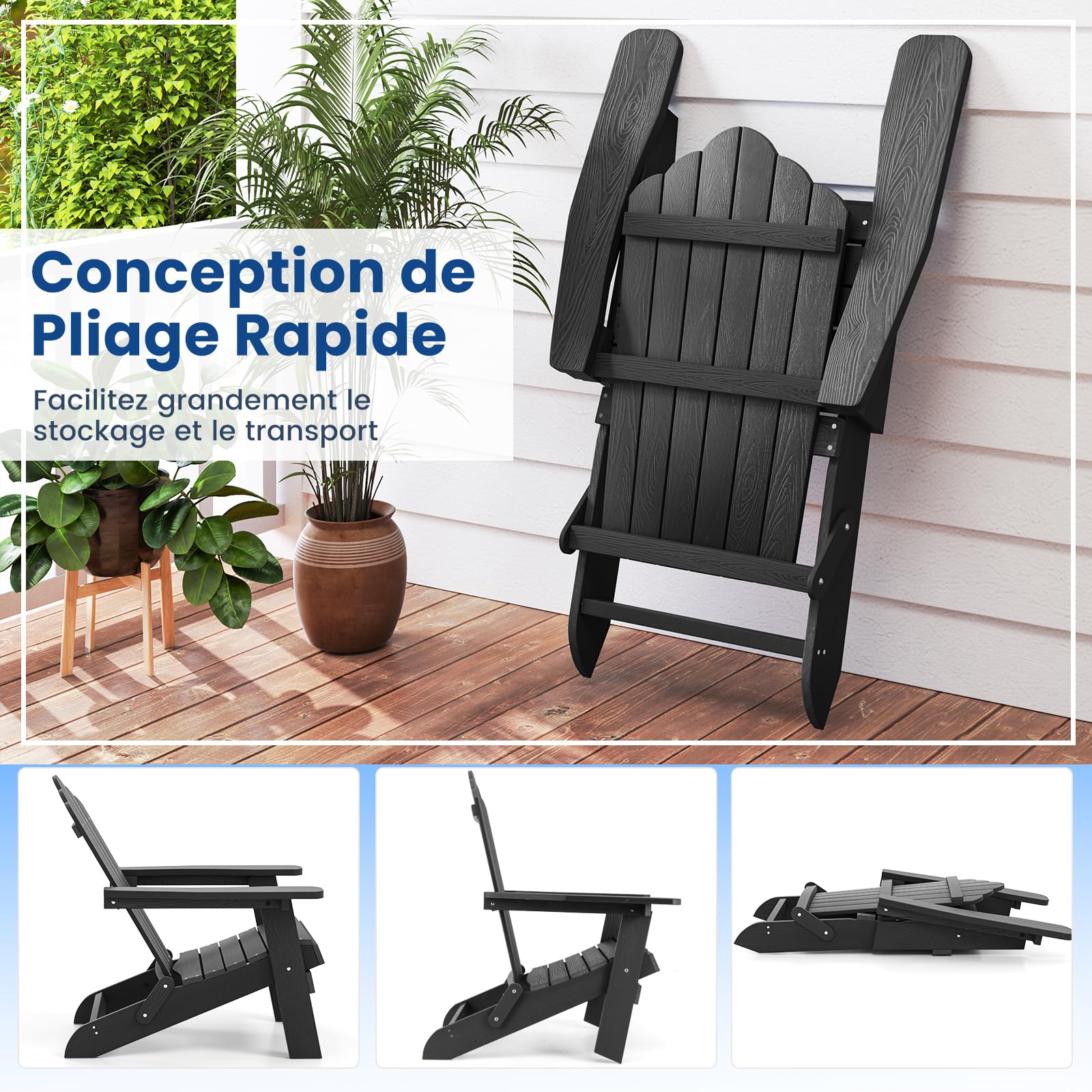 COSTWAY Fauteuil Jardin Exterieur, Chaise Adirondack Pliable, Accoudoirs Large et Dossier Incliné, Vis en Acier Inoxydable, Chaise Longue HIPS pour Jardin Cour, 88 x 77 x 95 cm, Charge 180 kg (Noir)