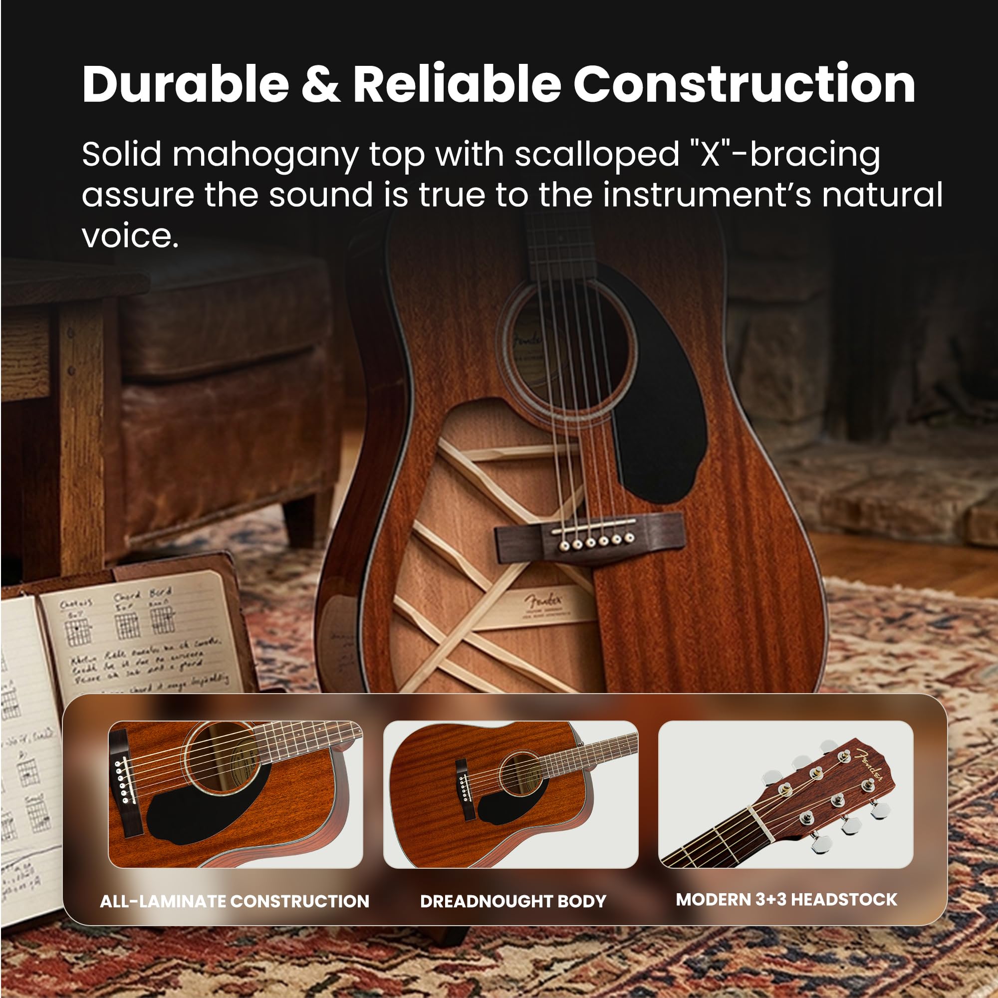 Fender CD-60S Solid Top Dreadnought Acoustic Guitar - All Mahogany Bundle with Hard Case, Tuner, Strap, Strings, Picks, and Austin Bazaar Instructional DVD - 3