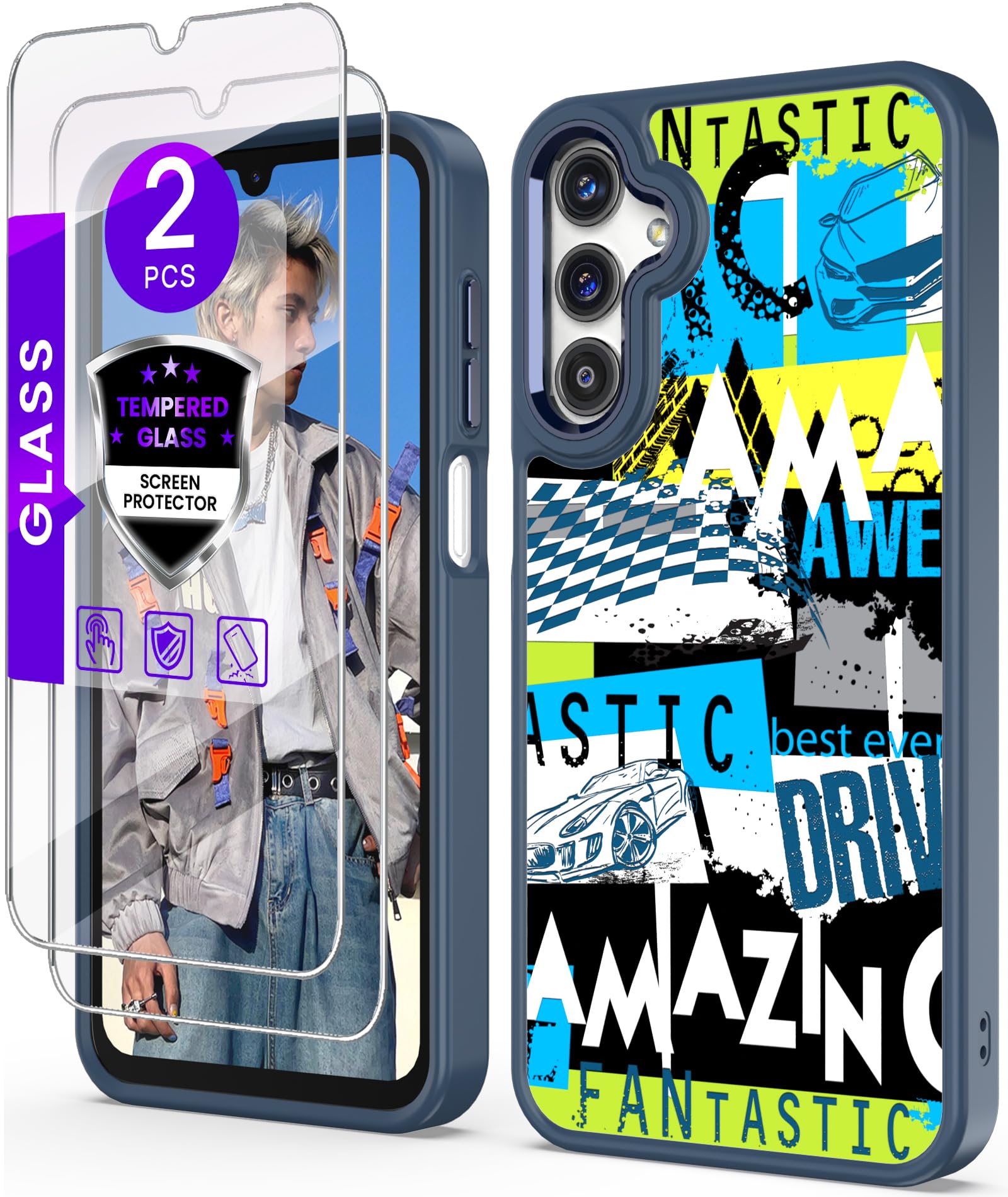 DagoRoo for Samsung Galaxy A15 5G Case+Tempered Glass Screen Protector, [Military Grade Protective] Slim Soft TPU & Hard PC, Men's Boys Crystal Clear Painting Pattern Case Cover for A15 5G-Navy / 2