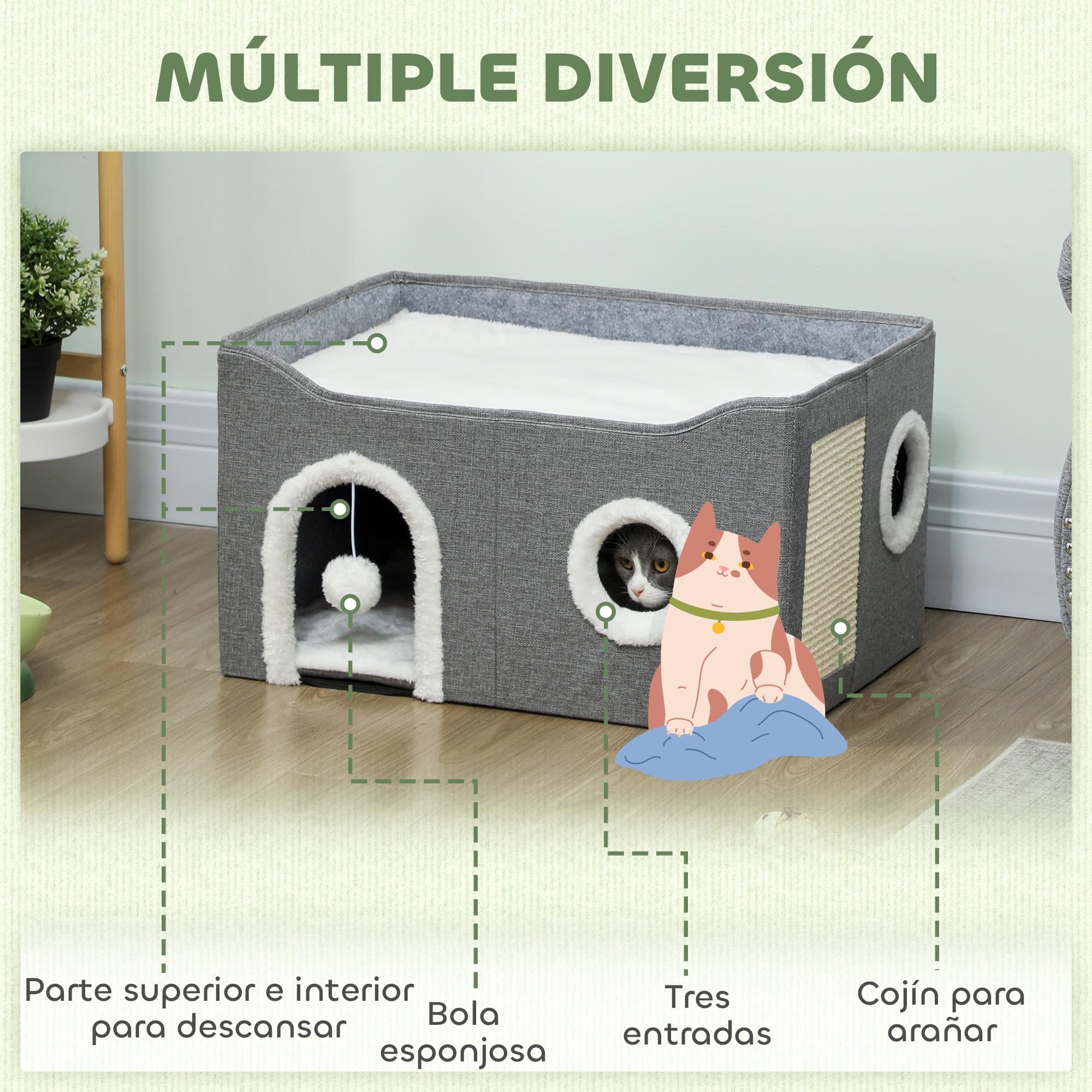 PawHut Casa para Gatos Plegable, Cama para Gatos con Rascador, 3 Entradas, Bola Colgante, Cojín Reversible en Felpa y Tipo Lino, para Interior, 60x40x34 cm, Gris
