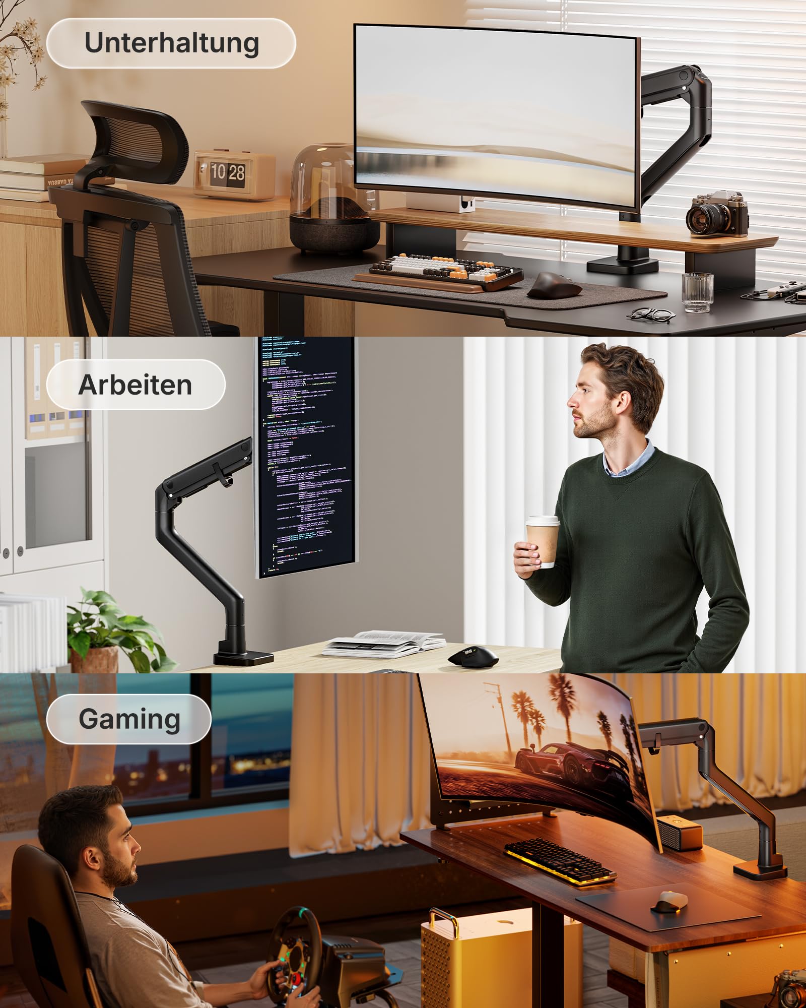 monTEK 17-57 Zoll Monitor Halterung, Monitor Arm mit Gasfeder, Verstellbarer Bildschirmhalterung für 27Kg Fernseher & Monitor, Monitorhalterung VESA 75/100 mm
