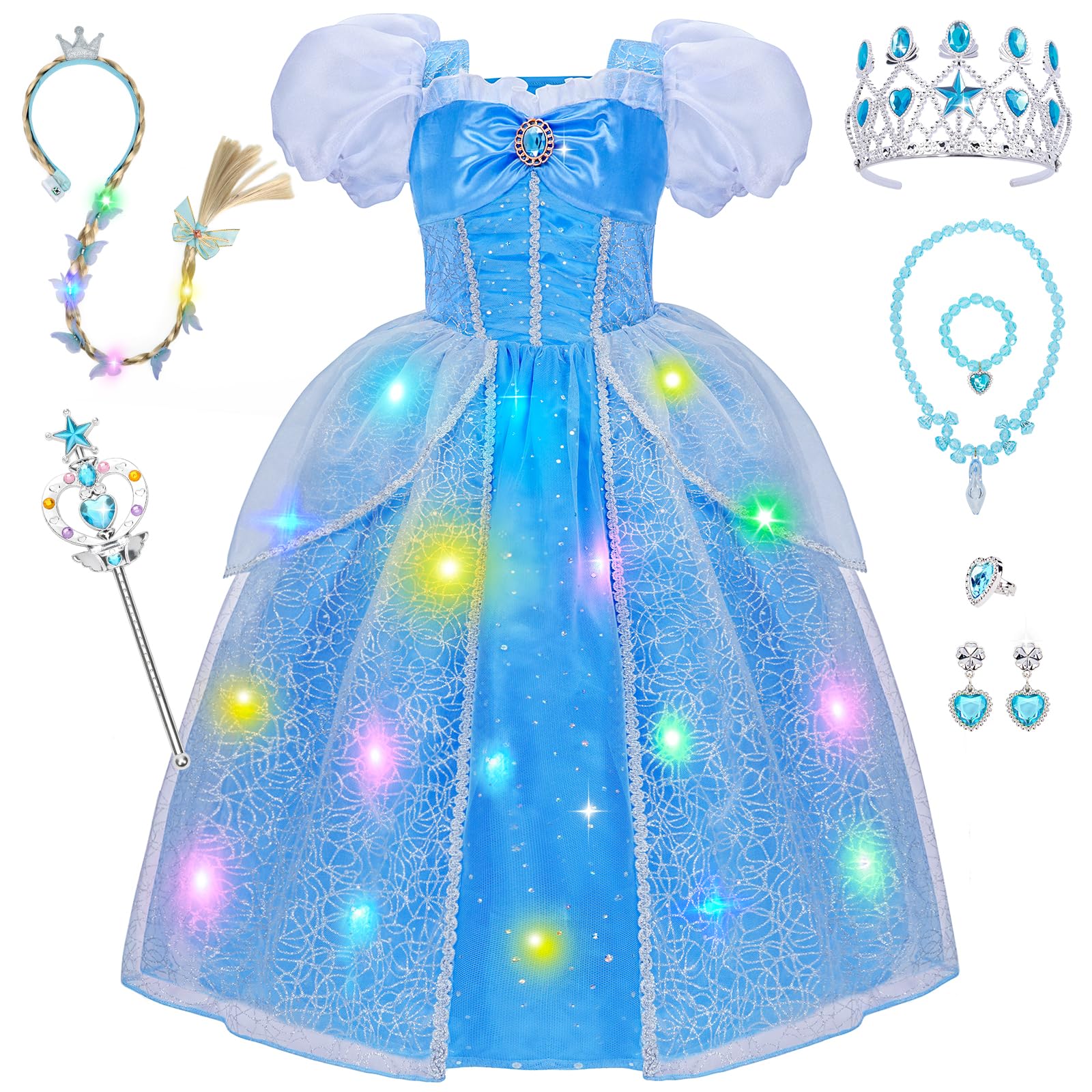 Meland Princess Dress Up Clothes for Girls, Light Up Princess Costume with Braid, Halloween Costume for Kids Age 3-10