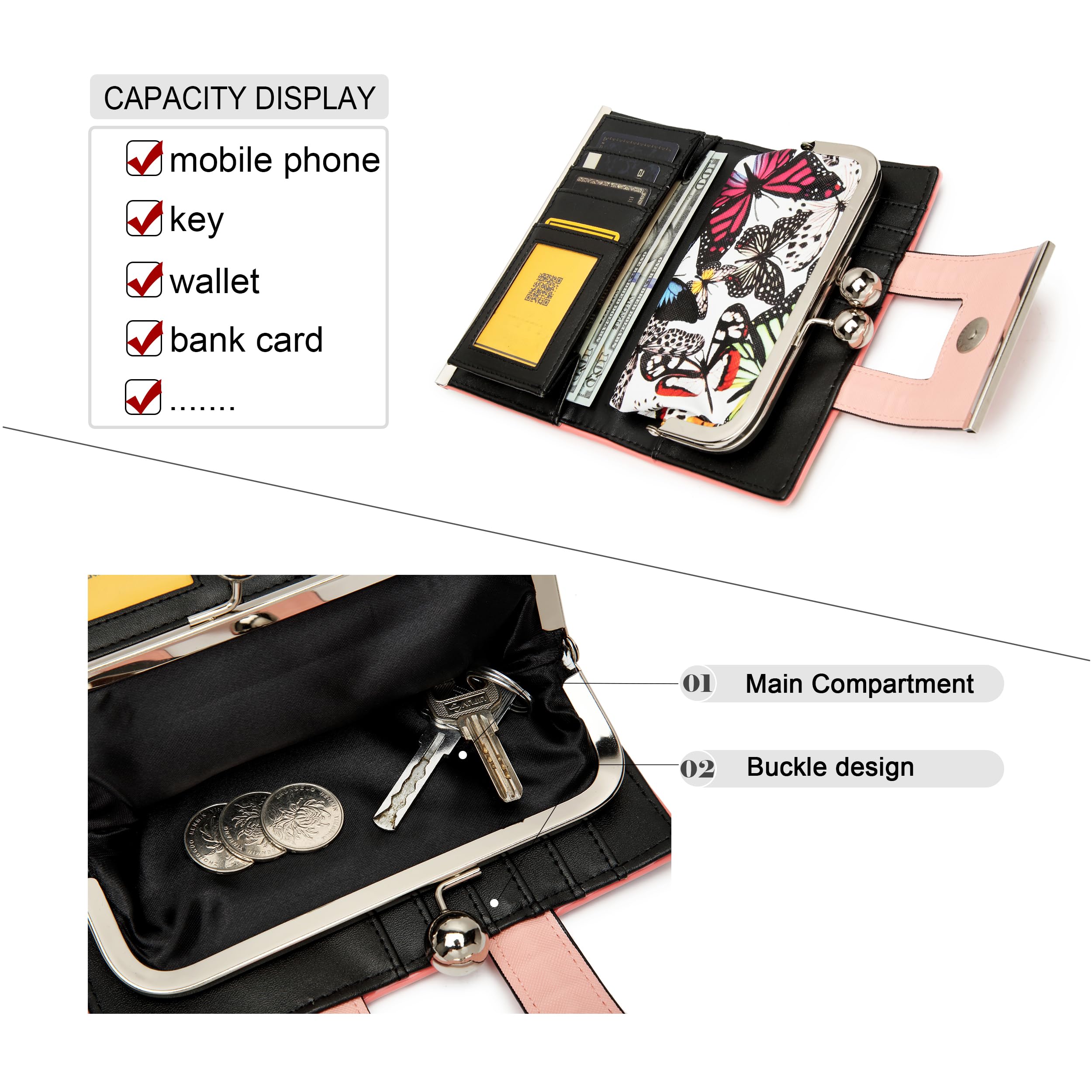 AFKOMST Portefeuille pour Femme en Cuir de Grande capacité Sac à Main Long avec 10 Compartiments pour Cartes et Clips et Porte-Monnaie zéro avec Boucle au Milieu.., 01b-Papillon