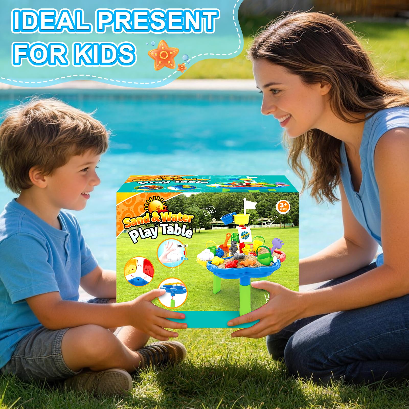 deAO Tavolo da Sabbia e Acqua per Bambini, Giochi da Esterno e Giardino, con 10 Accessori, Sicurezza e Creatività, Ideale per Spiaggia e Casa