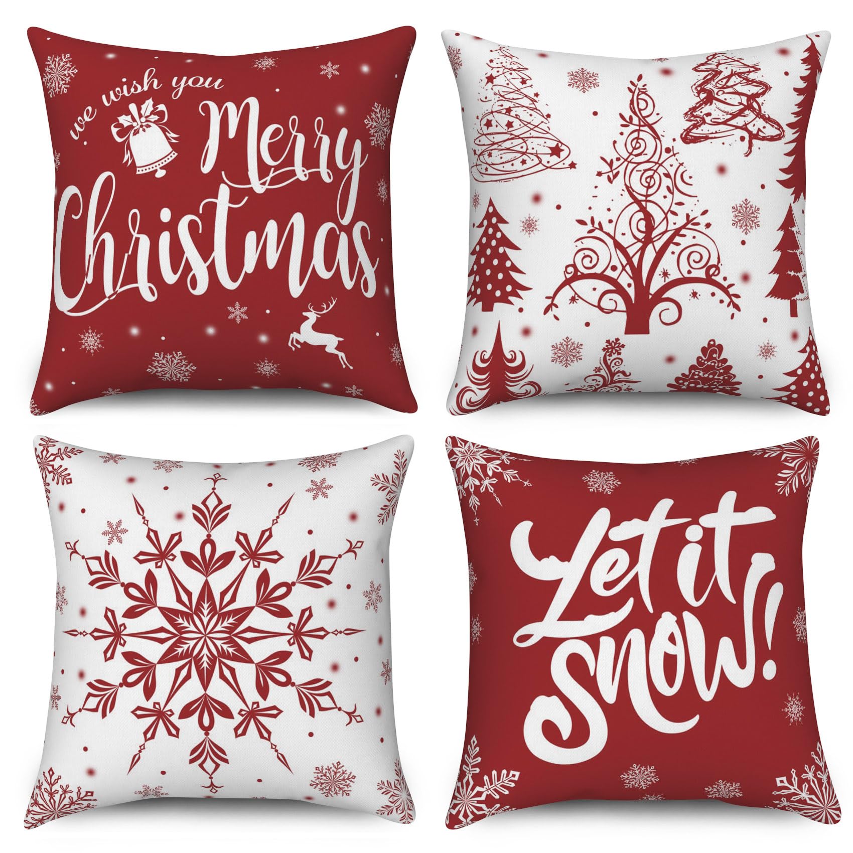 Christmas Cushion Covers 45 x 45 cm Set of 4, Hnmdmyi Merry Christmas Tree Snowflake Farmhouse Winter Holiday Decorative Throw Pillow Covers Red Linen Pillowcases for Sofa Couch Bed Outdoor Home Decor