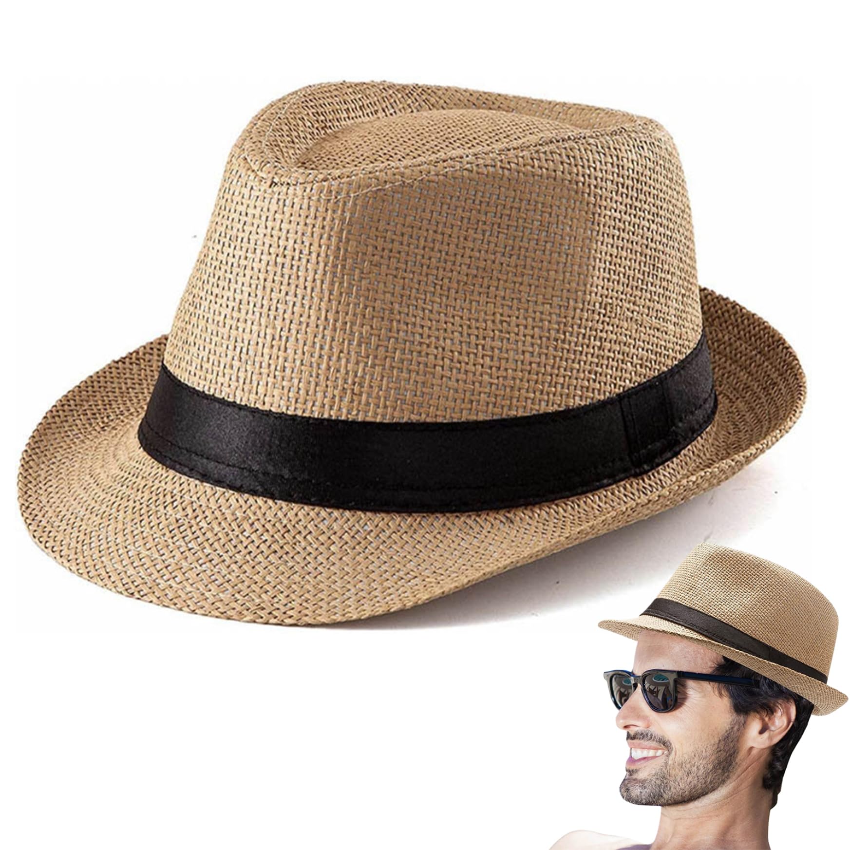 Cappello da Spiaggia in Paglia Cappello Panama da Uomo Fedora da Uomo con Protezione UV con Tesa arricciata Paglia Intrecciata Traspirante Cappelli da Sole Vintage per L'Estate