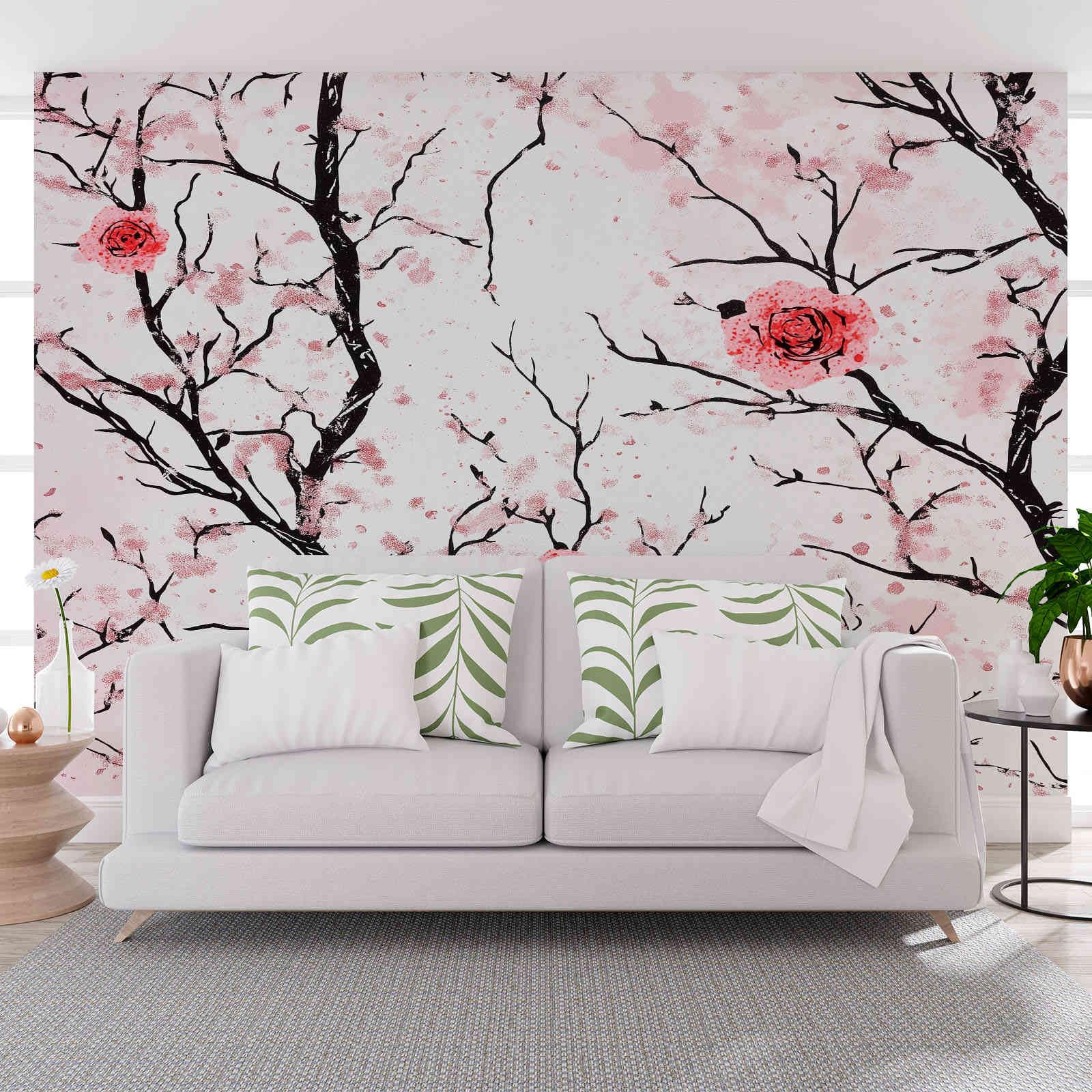 Papier peint panoramique 3D lavable style encre de chine fleurs prunier blanc grand format