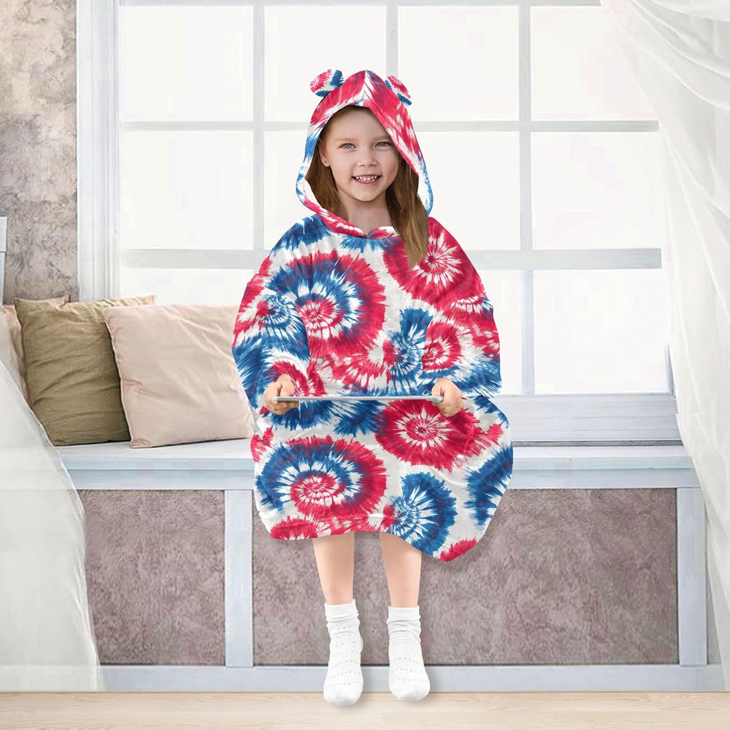 Tie Dye Kids Wearable Blanket Hoodie with Pocket and Sleeves for Toddlers, Cute Hoodies 3-14 Year Girls Boys B0404522