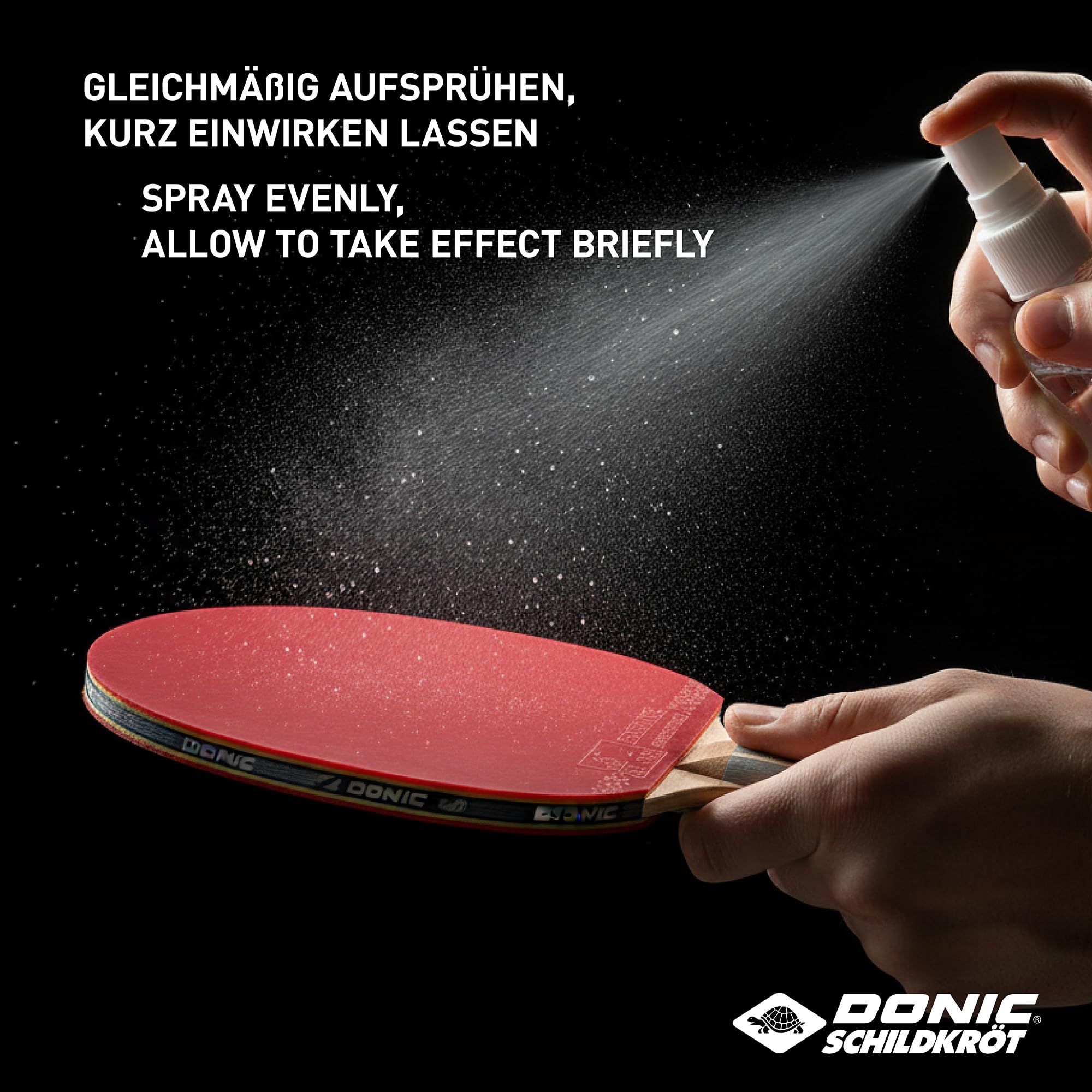 Schildkröt Donic-Schildkröt 828529 zestaw do czyszczenia tenisa stołowego, 100 ml, środek do czyszczenia nakładek w rozpylaczu z pompką i gąbką do czyszczenia, do odświeżania wykładzin rakietowych