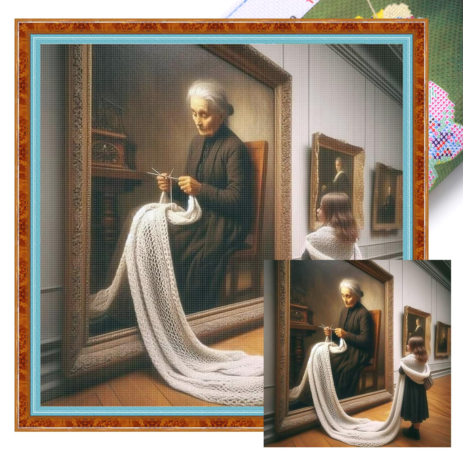 Grandma Knitting a Scarf in the Painting Full 11CT DIY Stamped Embroidery Needlepoint Starter Kits 17.71x17.71inch Cross Stitch Art and Crafts Kits for Beginners Adults Home Decor