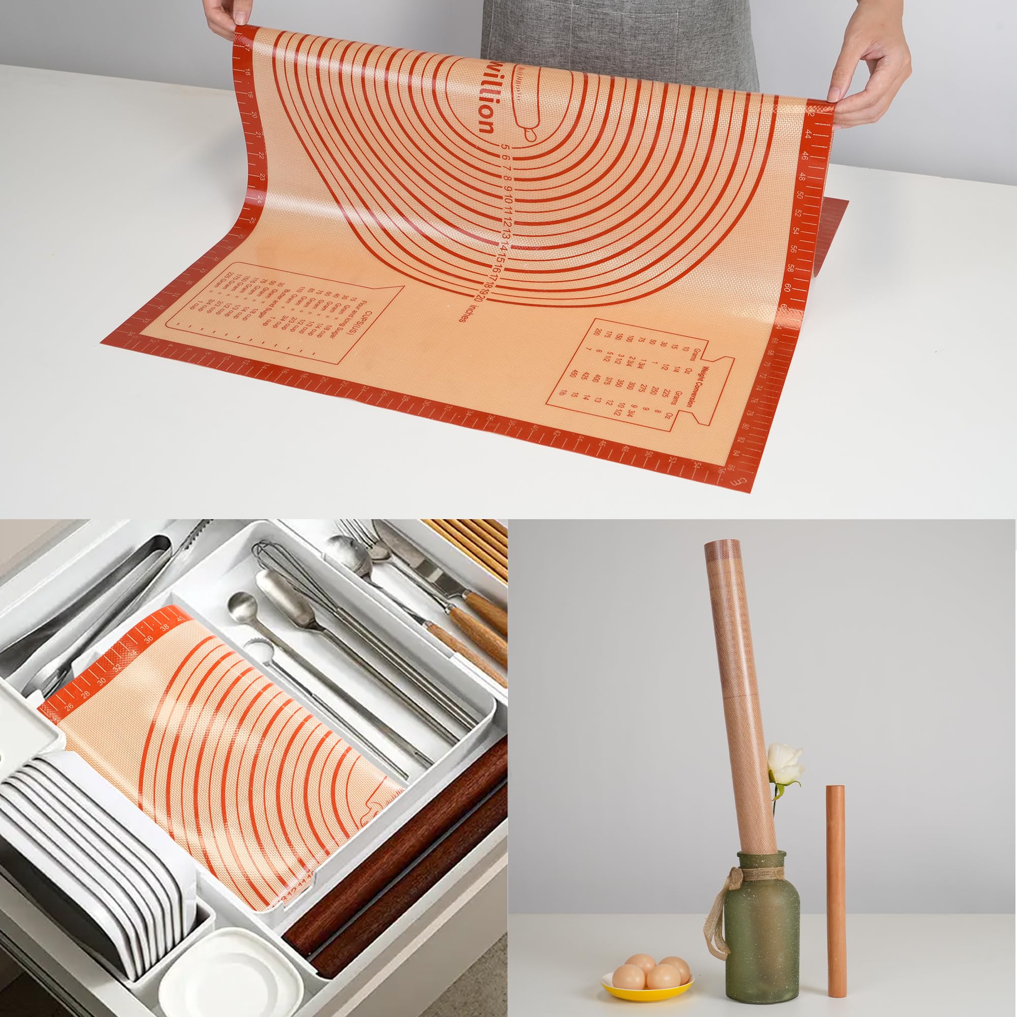 UWILLION Tappetino da forno in silicone, misura grande, 90 x 60 cm, XXL, in silicone, con misurazione per fondente, pizza e pane