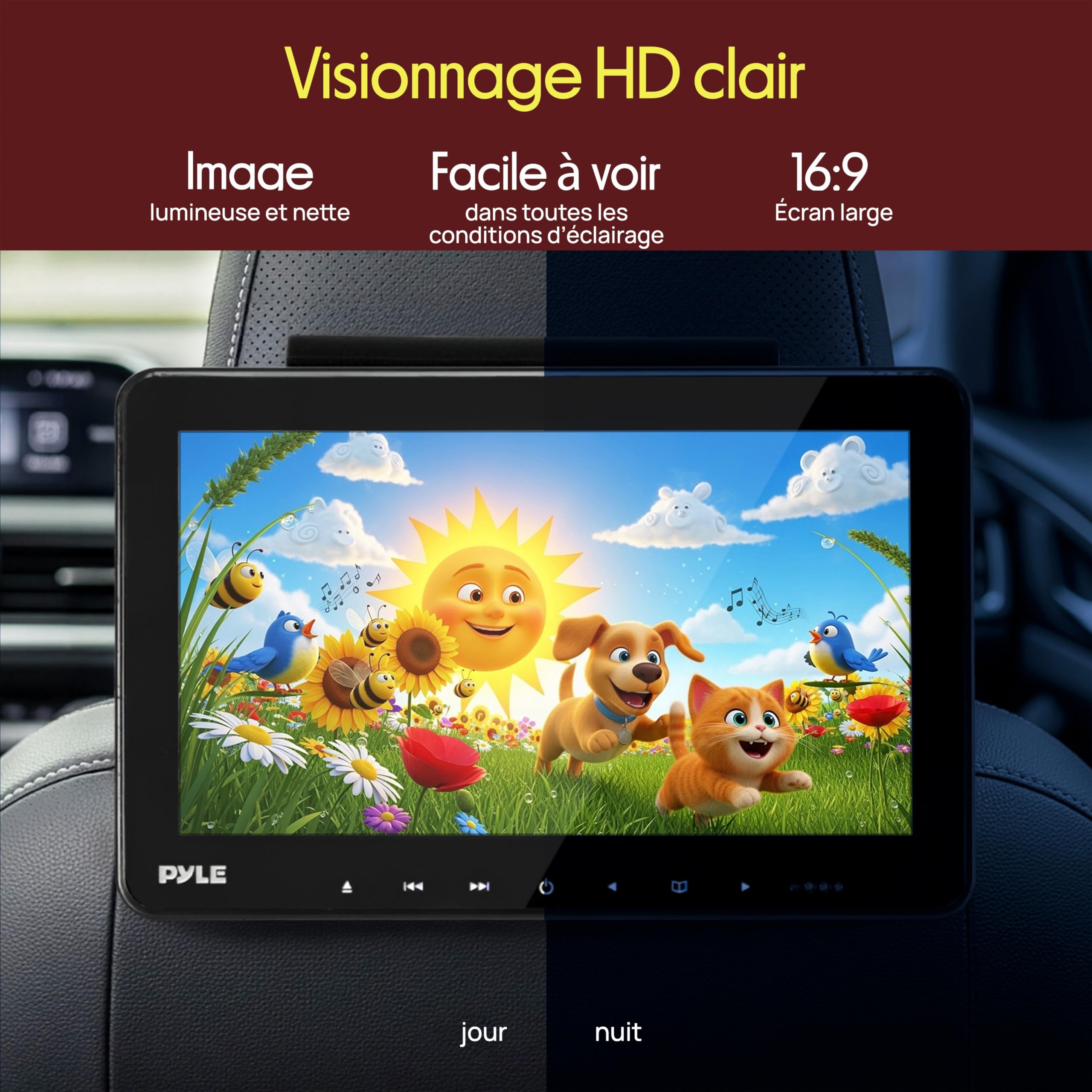 Pyle Lecteur DVD Appuie-Tête Voiture Double Écran 10,5 Pouces – Système Multimédia Auto avec HDMI, Haut-Parleurs Stéréo, Support de Montage et Écran LCD