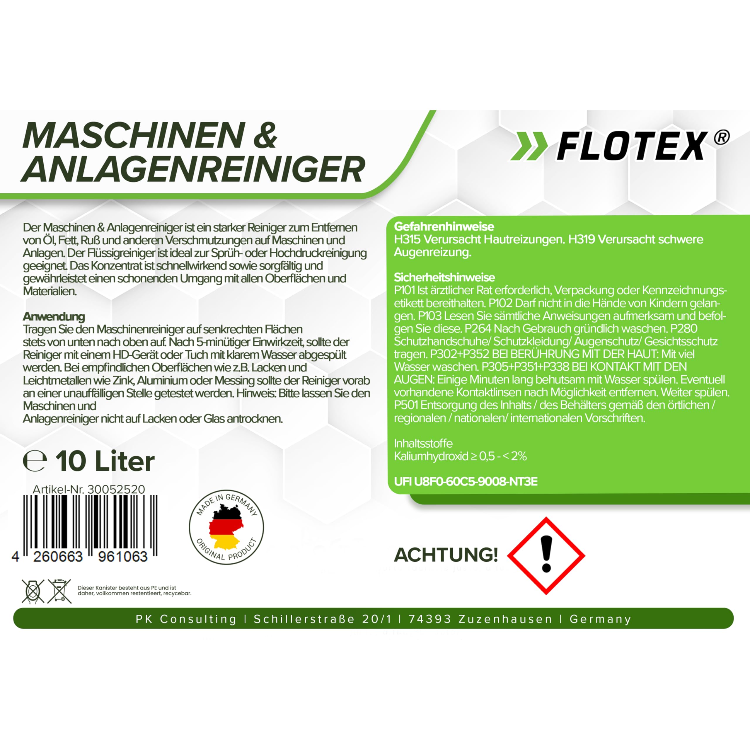 Maschinen & Anlagenreiniger Konzentrat, 2 x 10L Entfernen von Öl, Fett und Ruß auf industriellen Geräten und Anlagen