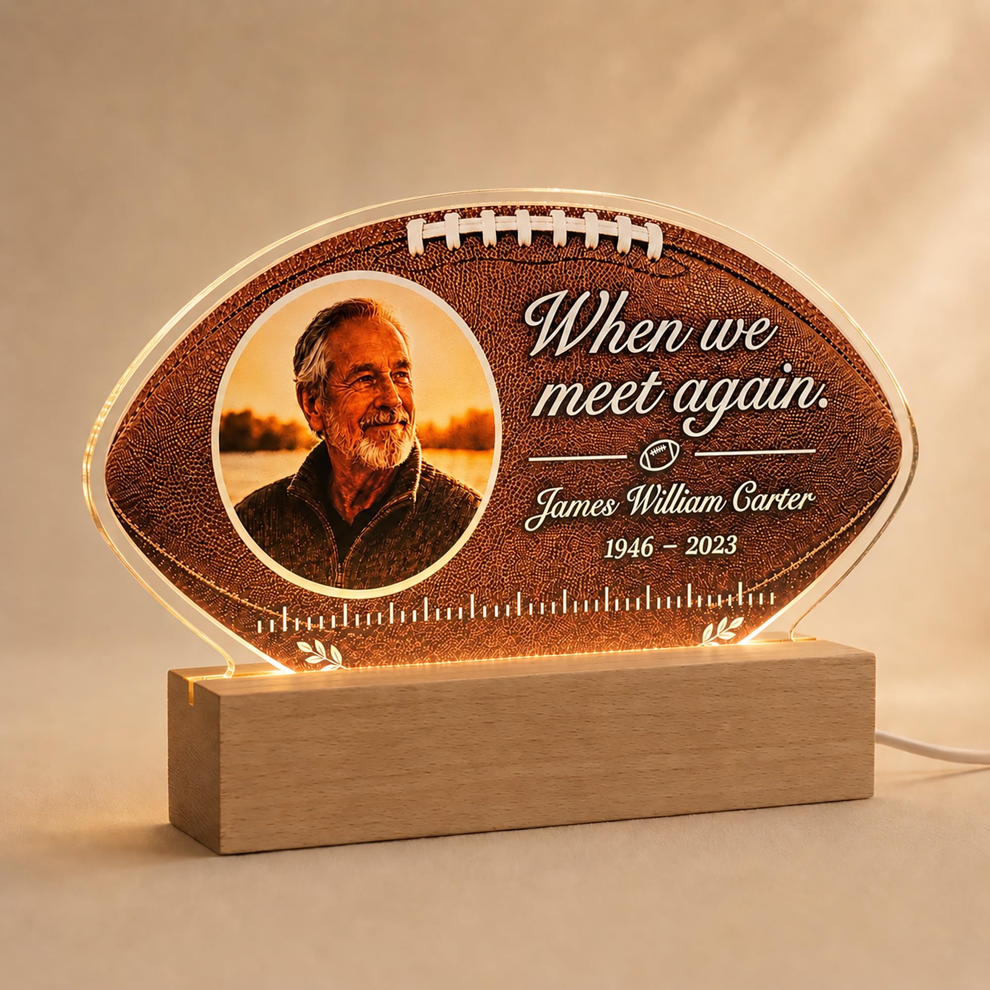 EternalEcho Personalised Photo Memorial LED Night Light with Wooden Base (American Football)