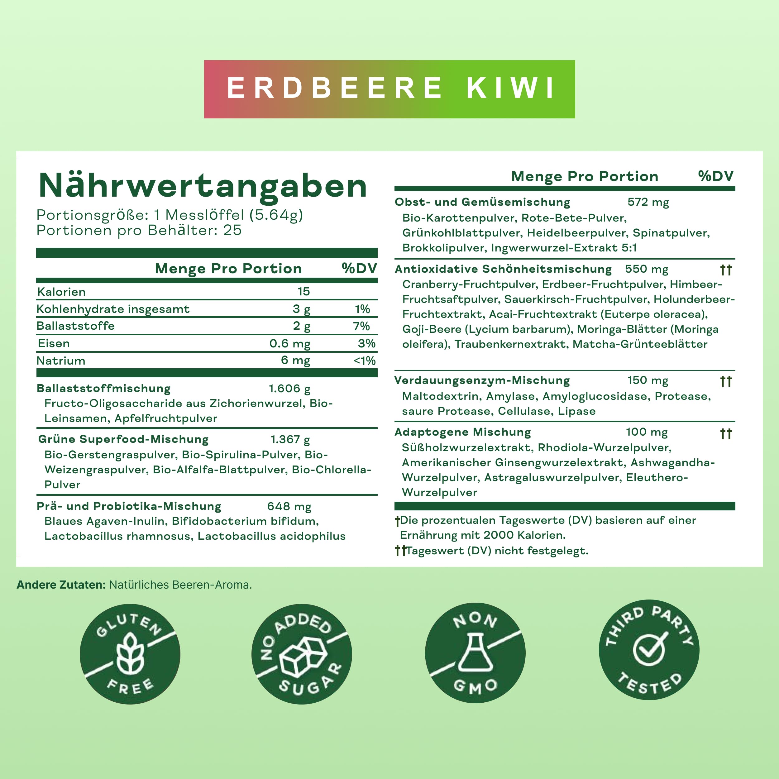 Bloom Superfood Pulver Frauen – Erdbeer-Kiwi – Mit Probiotika, Enzymen, Spirulina, Chlorella – Unterstützt Darmgesundheit, Detox & Energie – Anti-Blähbauch – 25 Portionen – Smoothie Boost