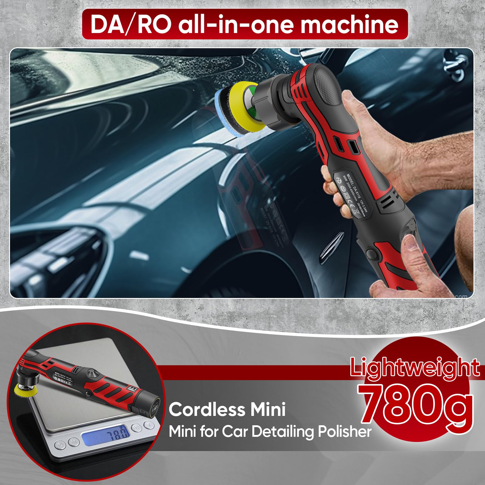 Mini pulidora a batería, 1/1,5/2 pulgadas con 11 velocidades - 2x baterías de 2,3Ah y cargador - Para pulido de detalles de coche, tratamiento de pintura y llantas - 2500-6000 rpm, ligera y versátil