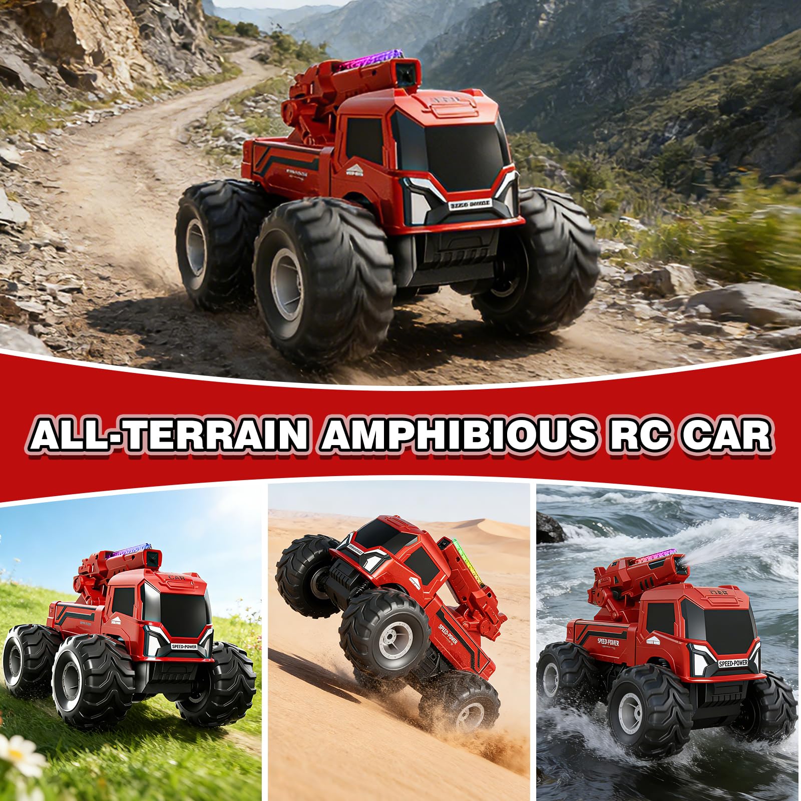 FEIMUOSI Macchina Telecomandata Per Bambini Anfibio Radiocomandata: 4x4 Fuoristrada Auto RC Giocattoli con Cannone ad Acqua Luci LED Rotazione a 360° Regalo di Natale o Compleanno per Bambini