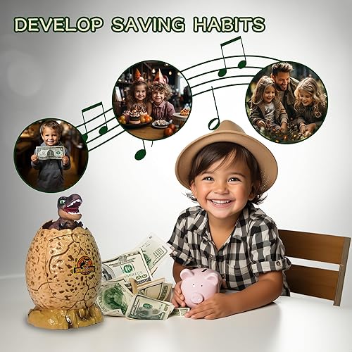 Miniatura 5 de Alcancía para niños, banco de dinero de huevos de dinosaurio con desbloqueo de huellas dactilares, luz nocturna, música, cajero automático de