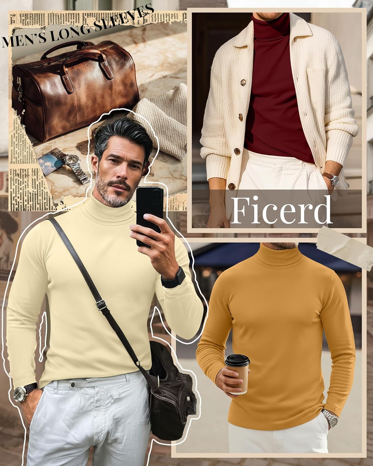 Ficerd 3 Pack Men's Turtleneck Shirts, Long Sleeve Cotton Pullover Sweaters Mock Neck Knitted T-Shirt Basic Slim Fit Tops - Image 5
