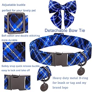 UP URARA PUP Dog Collar with Bow Tie, Cotton Dog Bowtie Collar for Puppy Girl Boy Dogs or Cat, Blue Bowtie Dogs Collars with Durable Metal Buckle, Holiday Plaid Puppy Collars,L