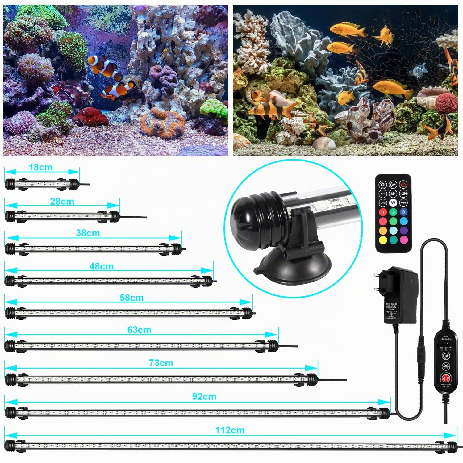 Aquarium Light LED, éclairage pour aquarium LED, 13.2W Aquarium Light RGB, IP67 étanche, Universal Fit Aquarium Lamp, pour réservoir à poissons, aquarium de plantes, EU Plug