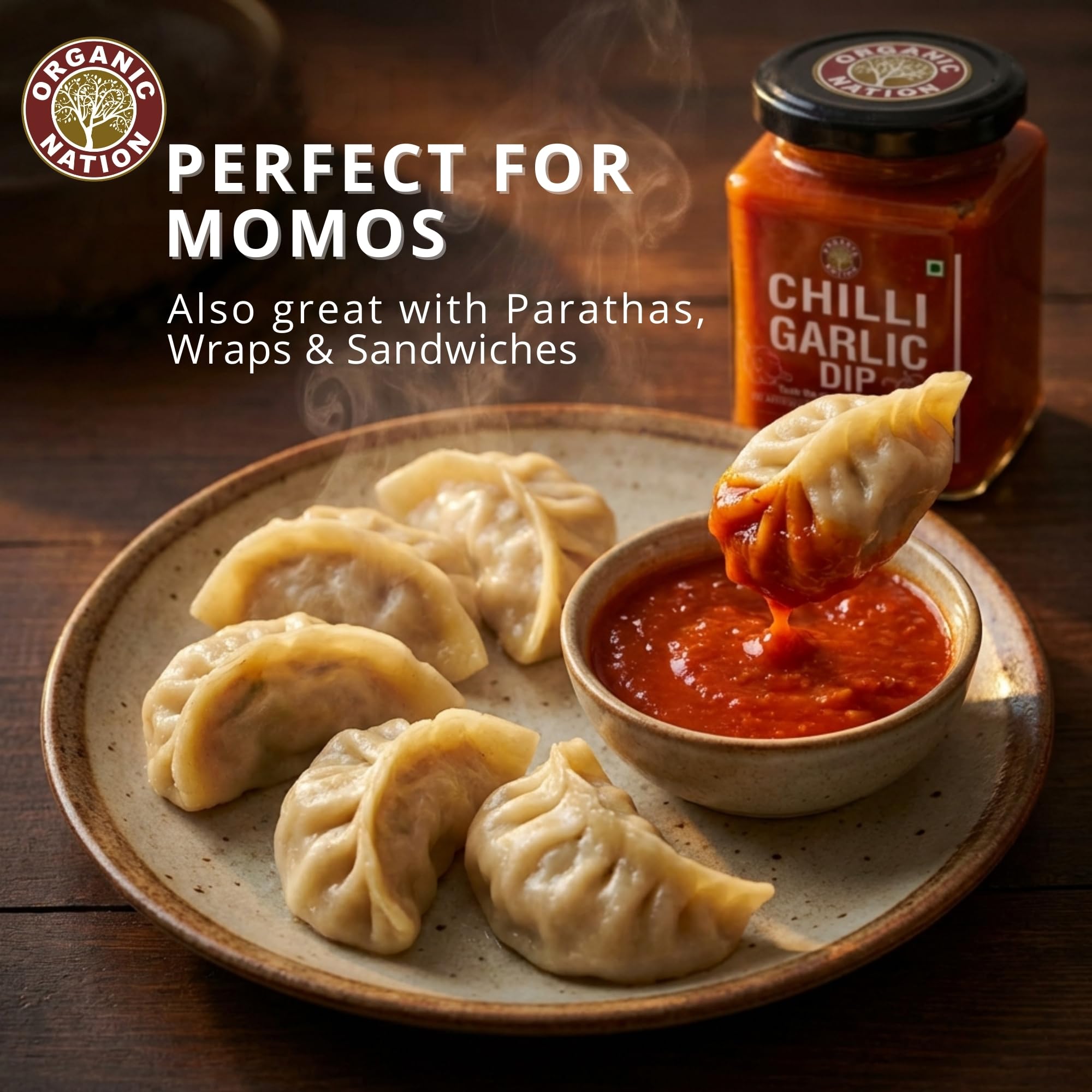 ORGANIC NATION Flavorful Chilli Garlic Dip - Gourmet Chilli Sauce with Rich Garlic & Aromatic Spices, Spicy Chili Crisp - Perfect for Dipping, Cooking, and Marinades, No Preservatives - 260g 3
