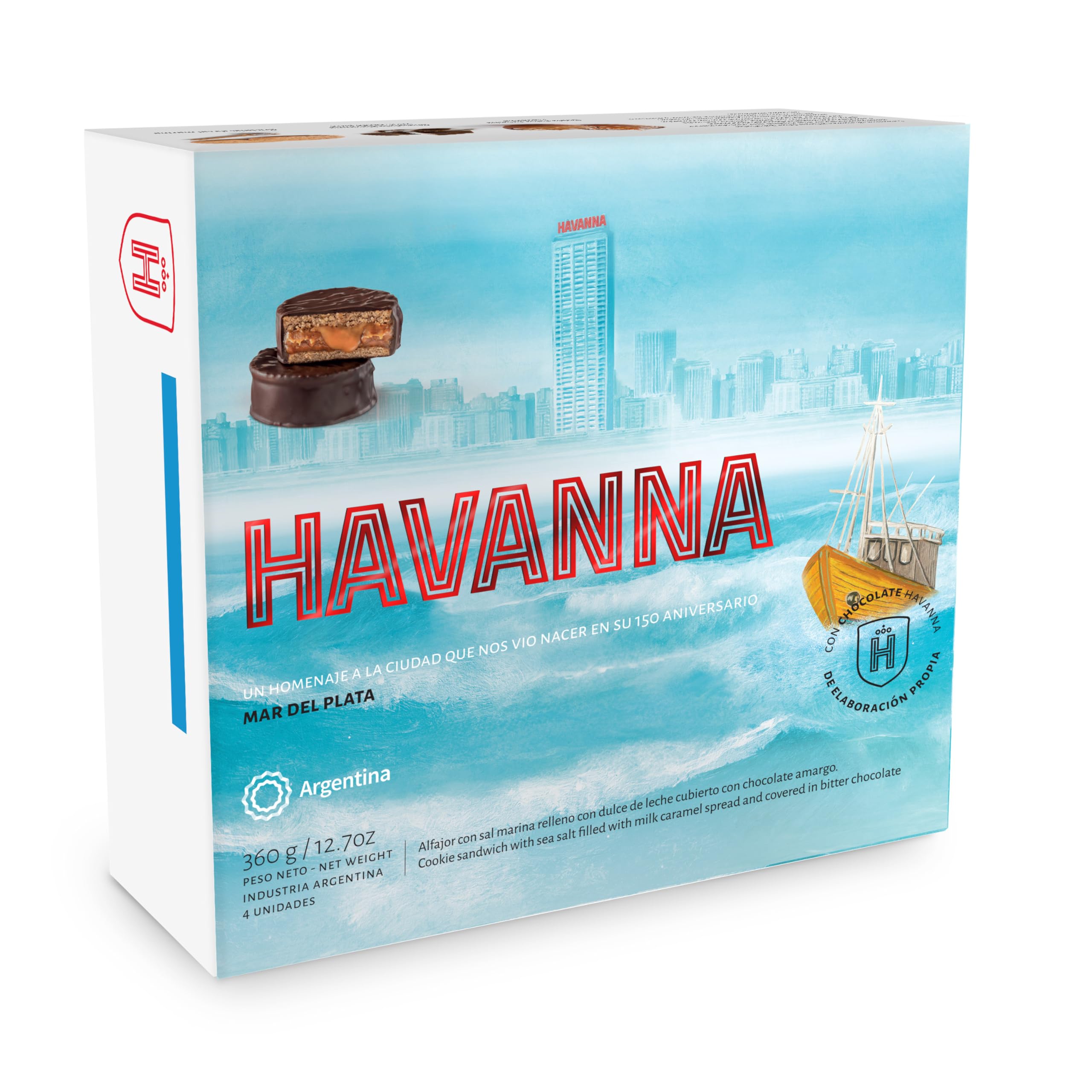 Alfajores Havanna Mar del Plata | Alfajores Argentinos de Chocolate | Galletas Cubiertas Rellenas de Dulce de Leche Con Sal Marina | 4 unidades | 360g