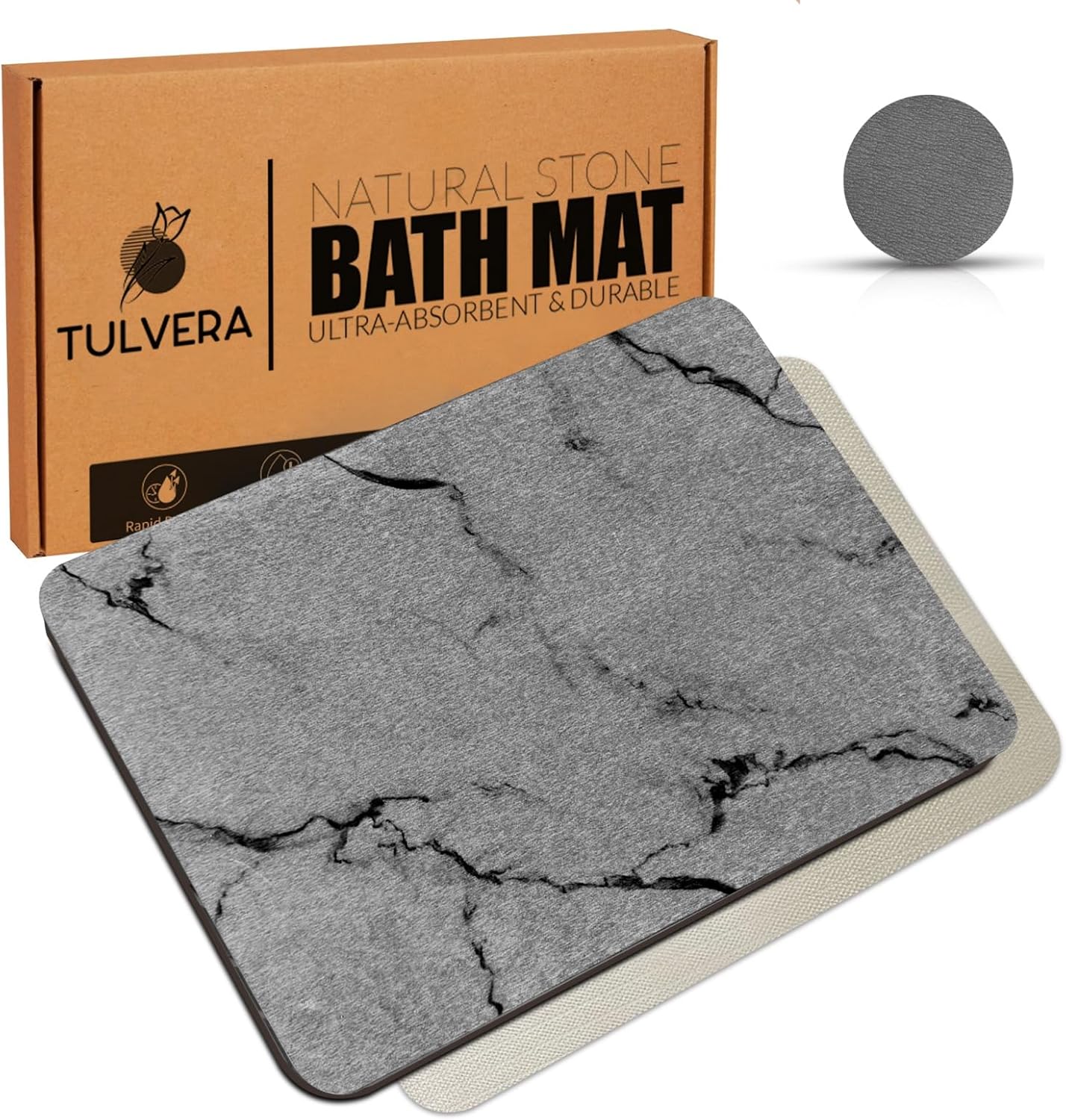 Stone Bath Mat | Diatomaceous Earth Quick Drying Shower Mat | Absorbent Non-Slip Bath Mats for Bathroom | Elegant Minimalist Design, Easy to Clean Shower Stone | 24" x 16" (Grey Marble)