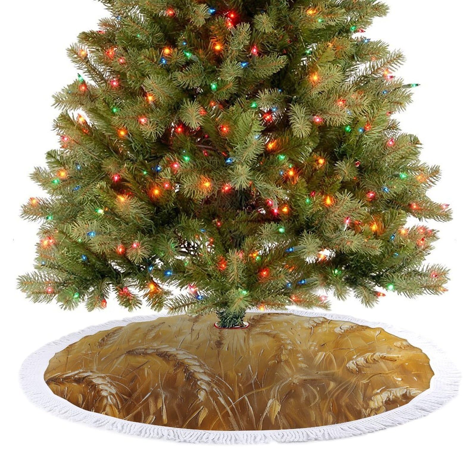 Golden Wheat Field Image Christmas Tree Skirt 30"x30" Rustic Xmas Tree Mat with Tassel Ornament Christmas Trees Cover Skirt Mat for Evergreen Trees Ornament Winter Holiday Mats Decorations