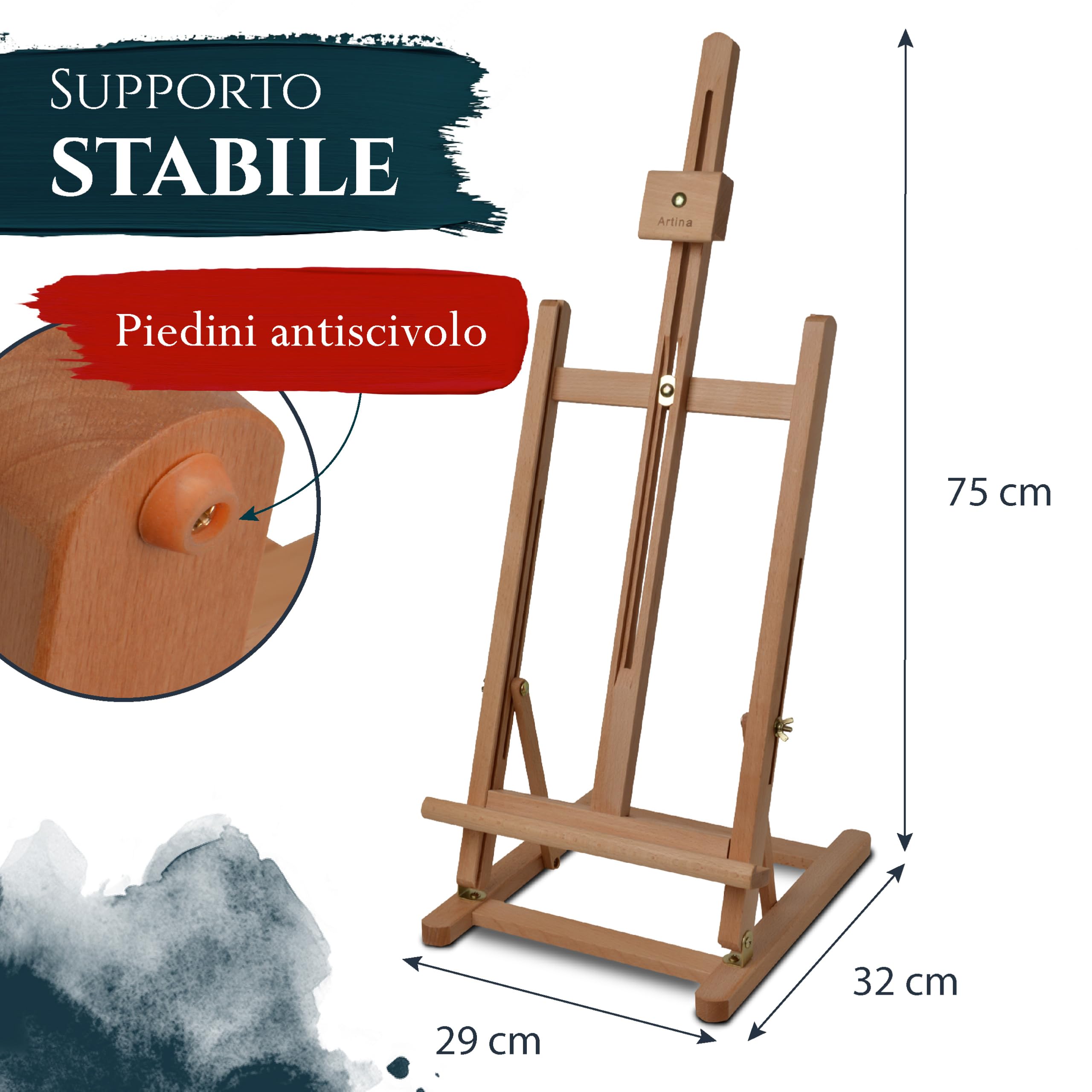 Artina Cavalletto da Tavolo Metz - Cavalletto Pittura in Legno massello di faggio - Tele Max. 62cm, inclinabile - cavalleto Stabile e Resistente - per artisti