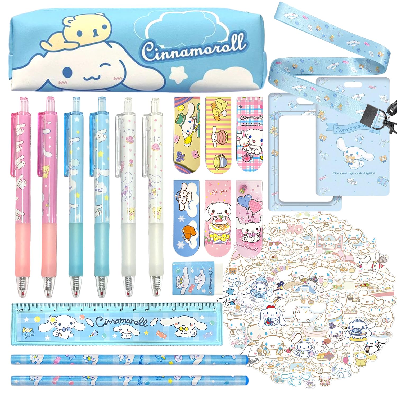 Suministros Escolares Kawaii, Juego de Regalo Bonitos, incluye Estuche Lápices, Bolígrafo de Gel, Pegatinas, Regla, Lápiz, Borrador, Cordón con Soporte para Tarjeta de id, para Niñas y Niños