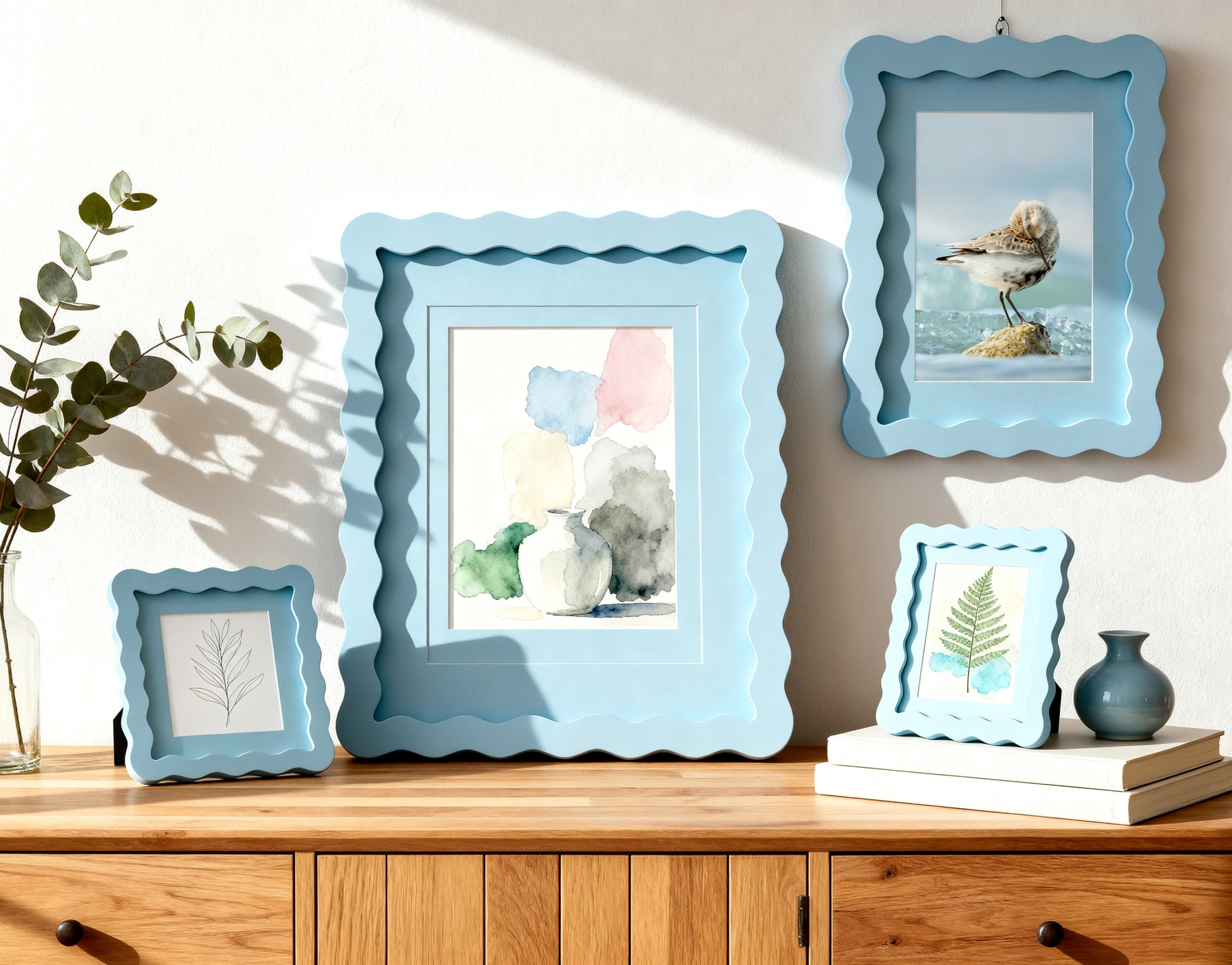 20,3 x 25,4 cm blauer Bilderrahmen mit Passepartout für 12,7 x 10,2 x 20,3 cm, gebogener Wellenkante, Deko, Holz, Echtglas, vertikale oder horizontale Ausstellung, Fotogalerie, Wand- und
