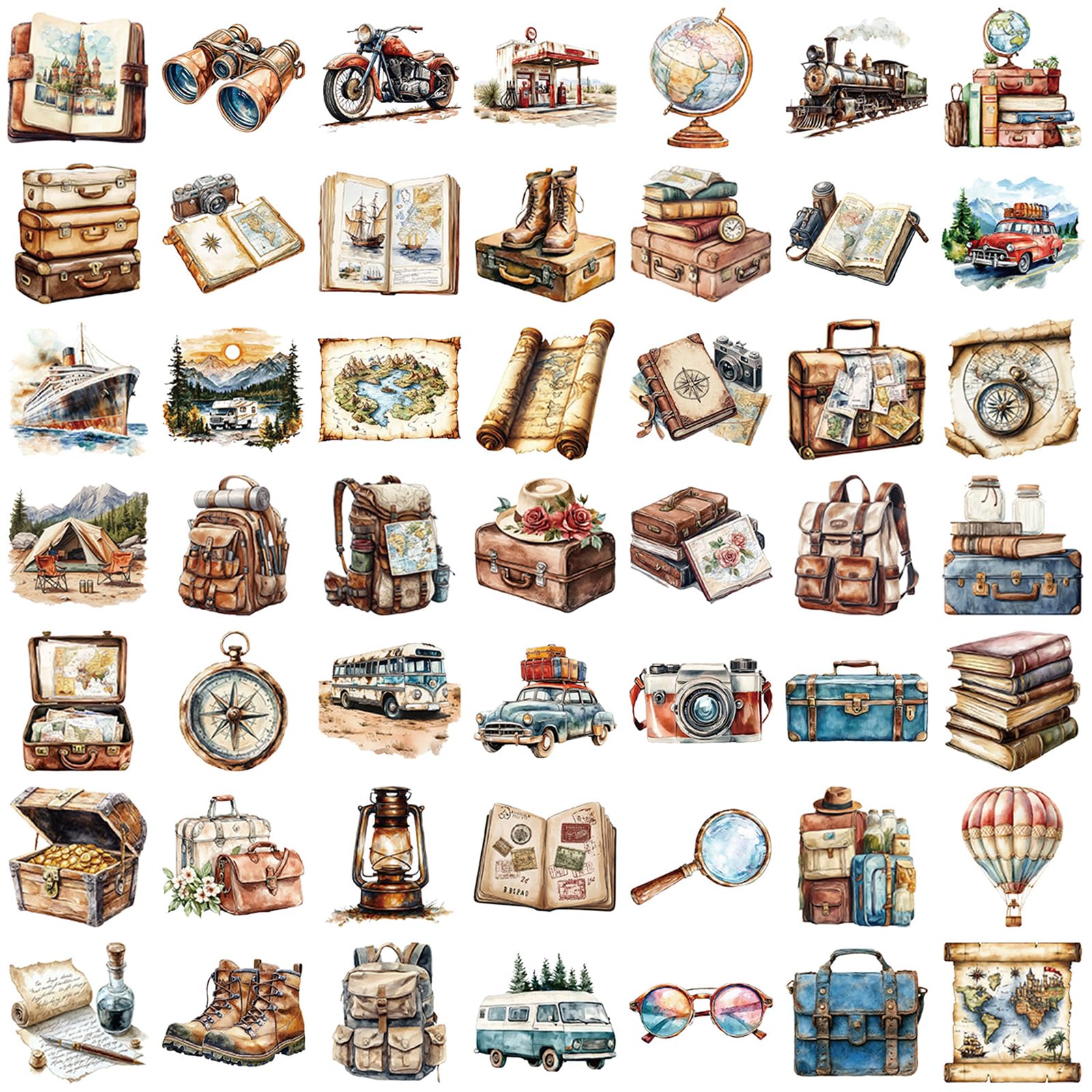 50 szt. naklejek podróżnych w stylu vintage, przezroczyste, z motywem zwierząt domowych, estetyczny zegar retro, aparat fotograficzny, mapa bagażu, winylowe naklejki dla dzieci, nastolatków, dorosłych