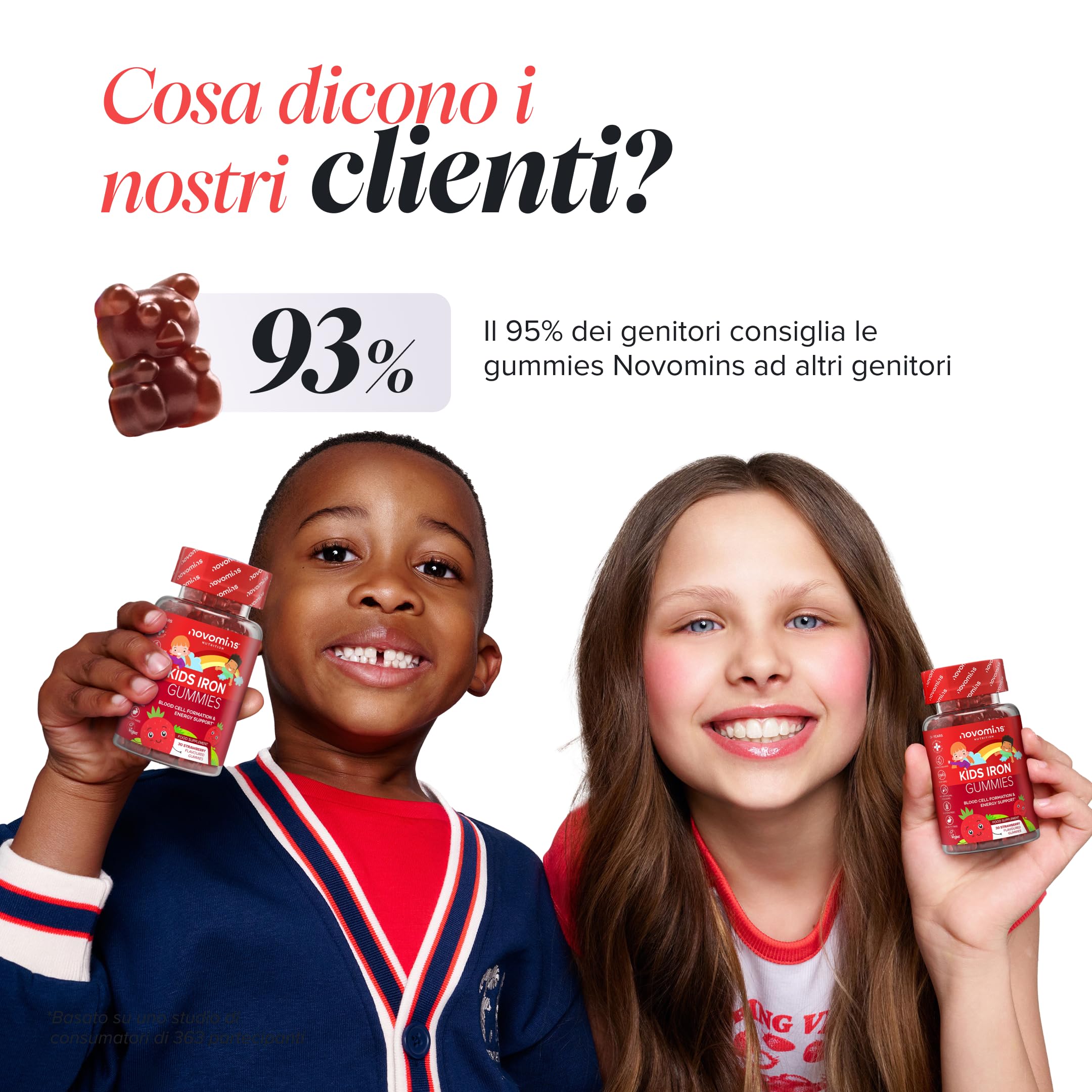 Ferro Bambini Gommose – Ferro + Vitamina C per l'Assorbimento – Energia, Globuli Rossi e Difese – Vegano, Senza Glutine – 30 Gommose Gusto Fragola – Novomins
