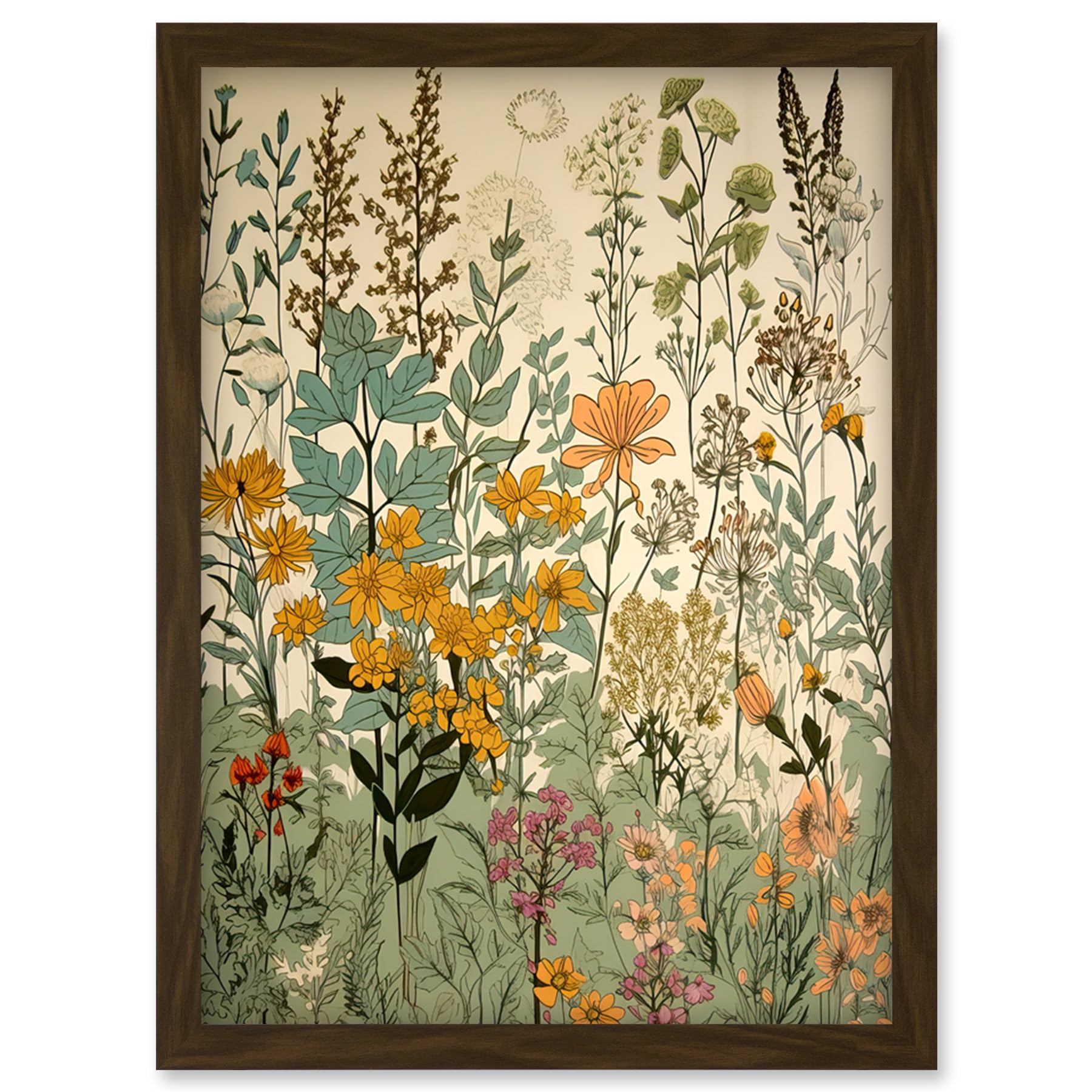 Artery8 Wildflower Vintage Botanical Painting Pastel Yellow Green Teal Pink Spring Field Artwork Framed Wall Art Print A4
