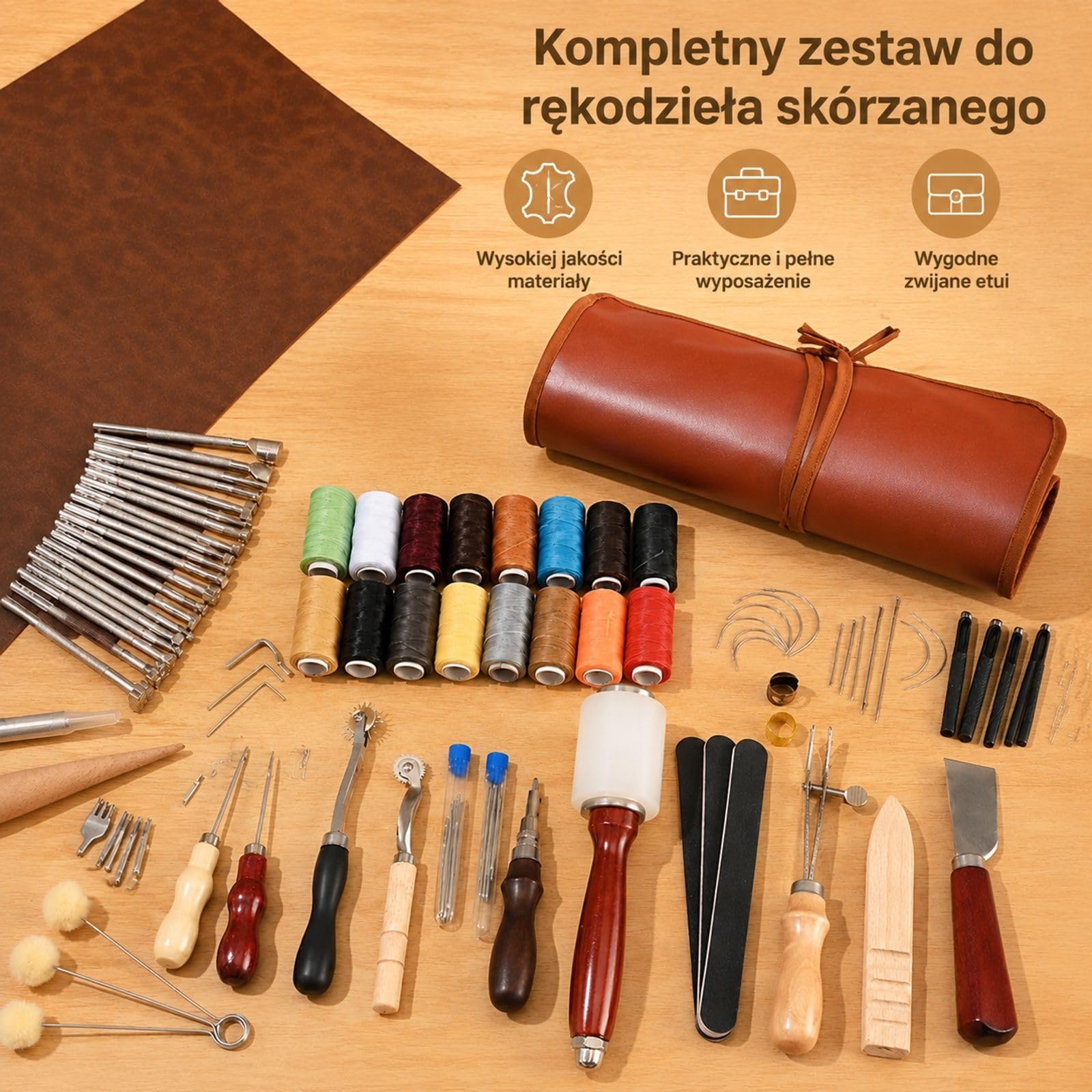 Zestaw narzędzi do obróbki skóry 92 szt, tłoczenie, dziurkowanie, prace krawieckie