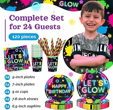 Glow Neon Birthday Party Supplies, 120Pcs Let's Glow Birthday Party Decorations Disposable and Radiant Tableware Includes Plates, Napkins, Cups and Straws | Serves 24