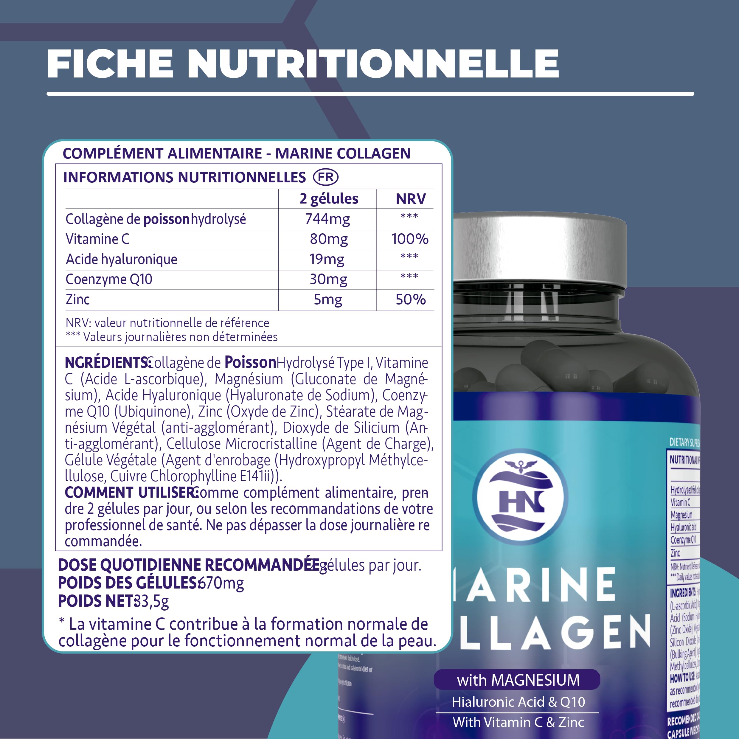 Collagène Marin Hydrolysé Pur avec Acide Hyaluronique, Vitamine C, Coenzyme Q10 et Zinc, Marine Collagen, Collagène Marin avec Acide Hyaluronique (50 gélules x 5 pots)