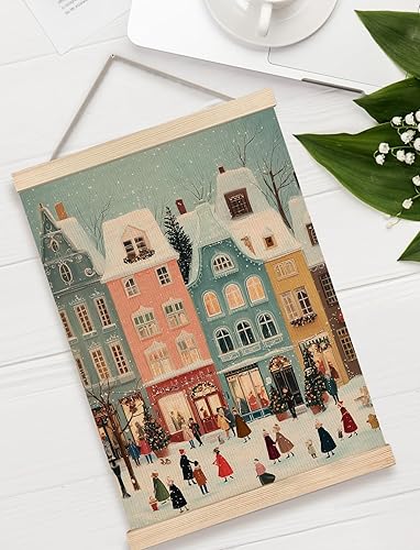 Miniatura 3 de GDJIEGBC Decoración de pared retro de ciudad navideña, bonita decoración de Navidad, pueblo de calle nevada, acogedor póster de vacaciones de