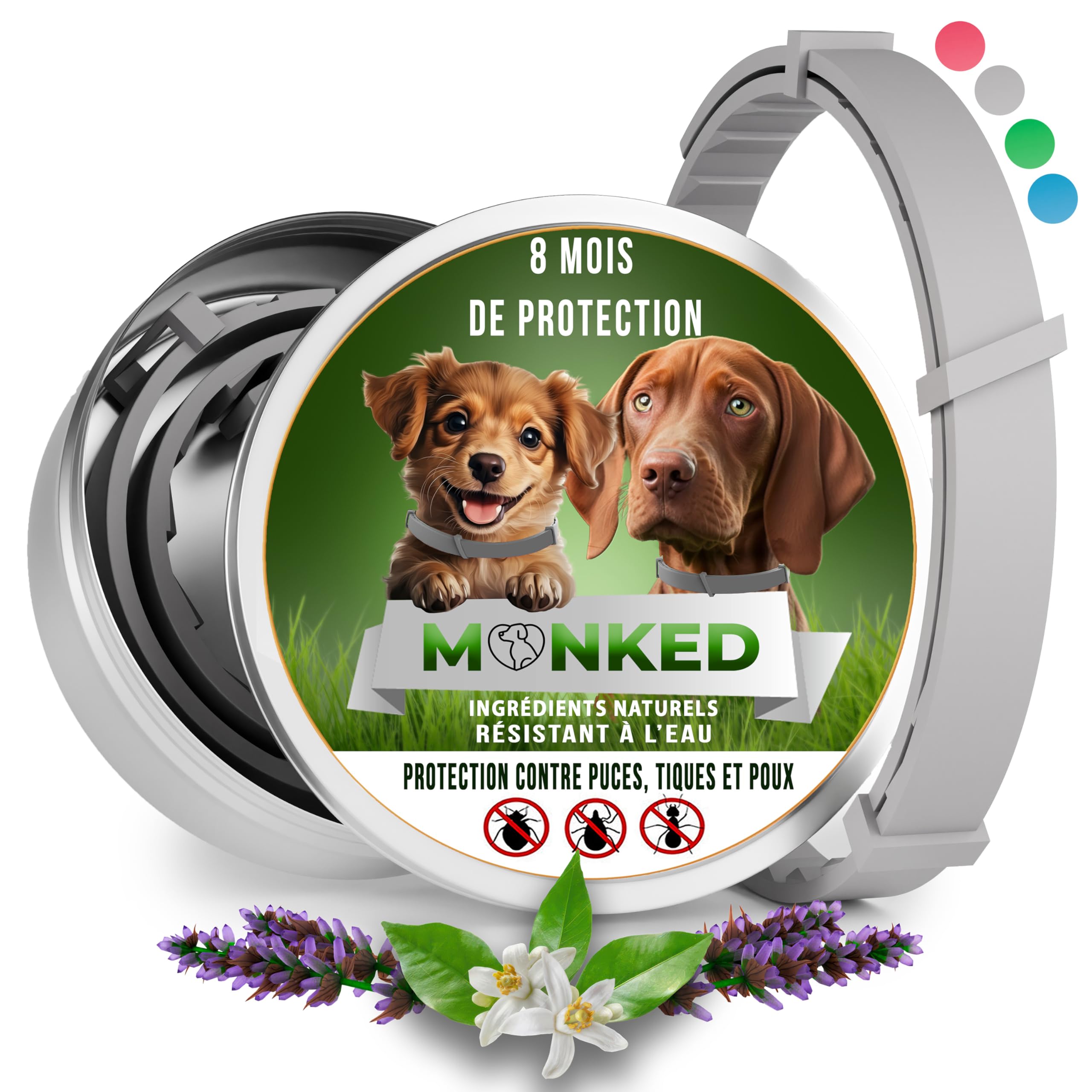 Monked | Collier Naturel pour Chiens sans Produits Chimiques | Réglable pour Petits et Grands Chiens | Protection Anti-tiques et Anti-puces Jusqu’à 8 Mois | Protection Longue durée Hund [Grau]