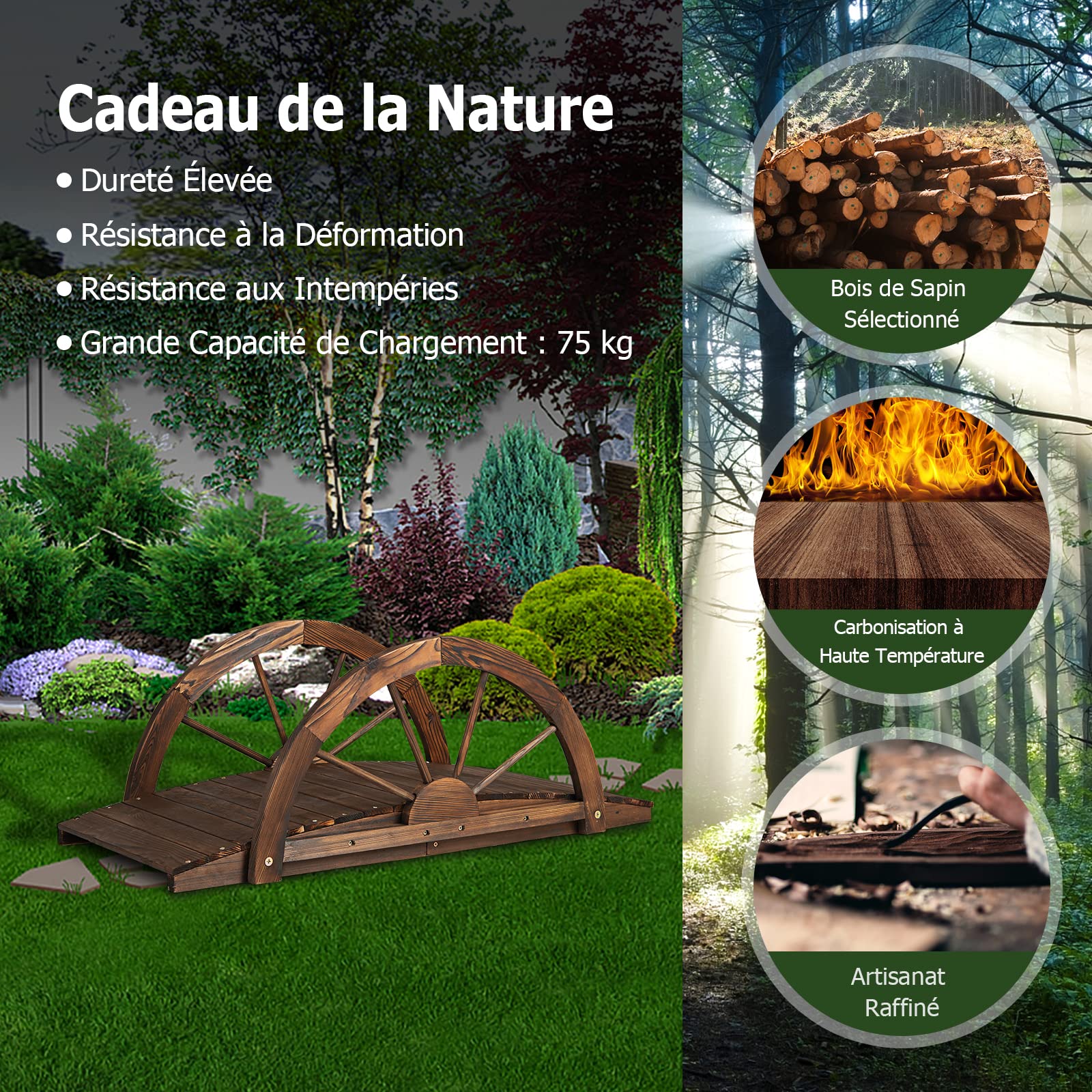 RELAX4LIFE Puente de jardín de Madera con barandilla de Media Rueda de Carga 150 kg, Cubierta de Estanque Resistente, decoración de jardín para Patio Trasero Granja jardín, marrón