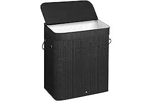 SONGMICS Bamboo Black Laundry Basket with Lid
