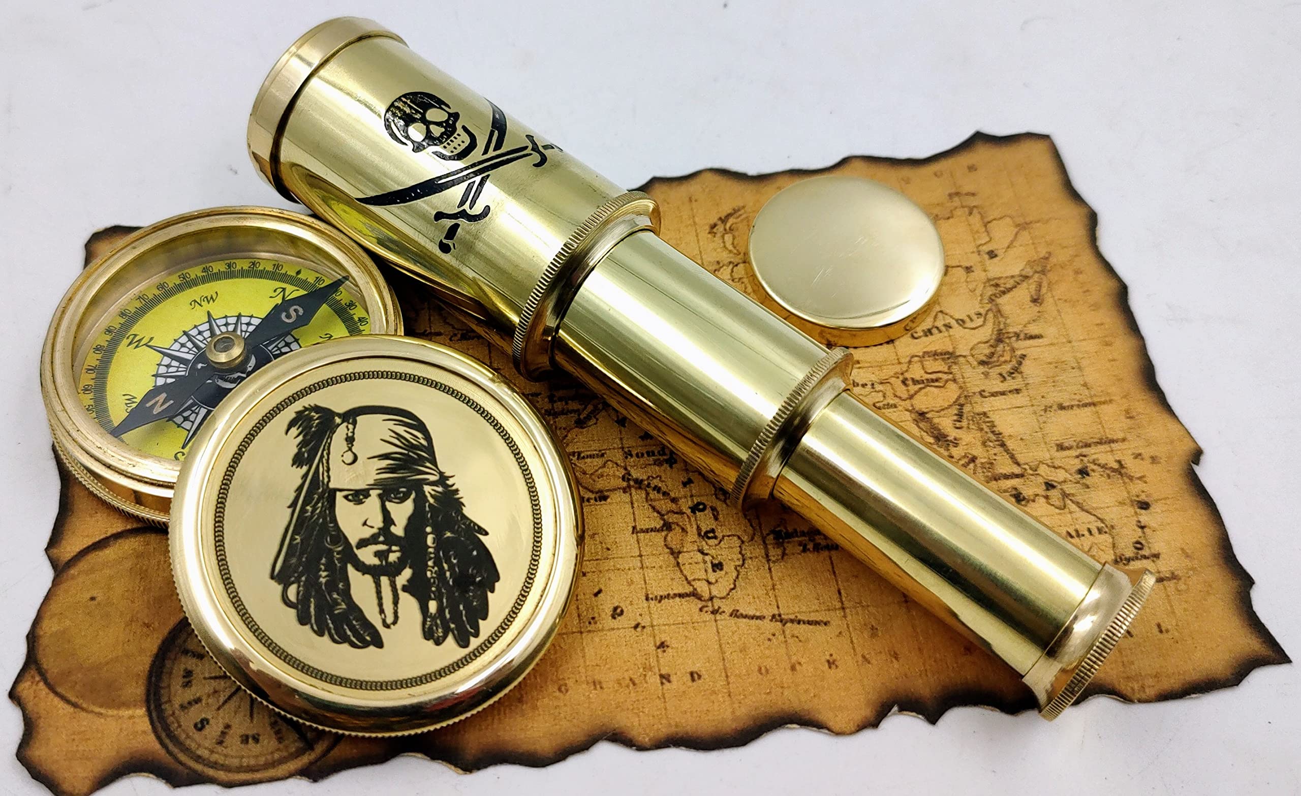 Captain Jack Sparrow Brass Compass with Mini 2 fold Telescope Pirates Lovers Kit