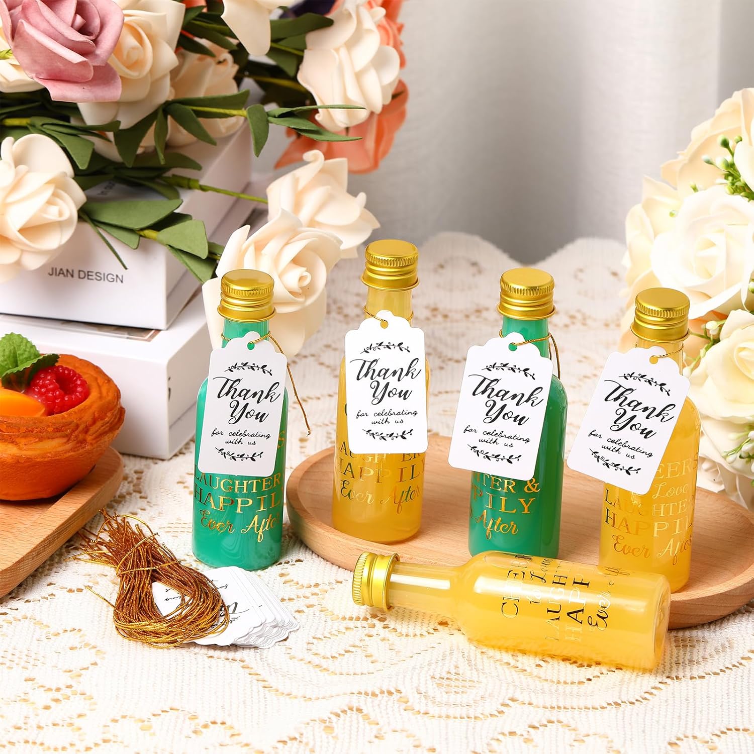 Maxcheck 50 Pack Wedding Mini Liquor Bottles Set 1.7 Oz Airtight Plastic Spirit Bottle with Golden Cap, Funnels, Thank You Tags and Elastic Lanyards Mini Shot Bottles for Guests Bridal Party