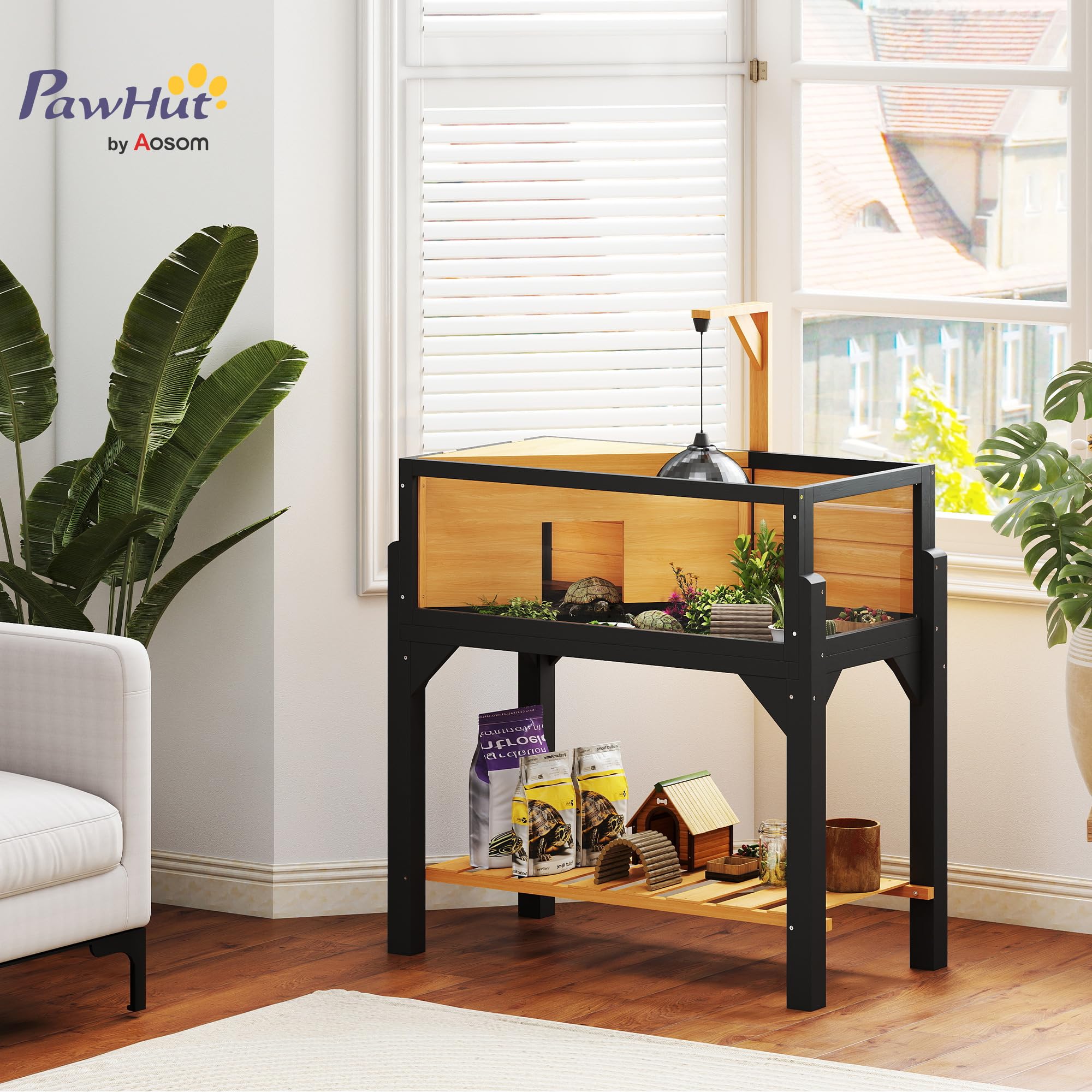 PawHut Maison de tortue en bois avec étagère et fenêtres transparentes, support de lampe, dessus ouvrable, plateau intégré, jaune